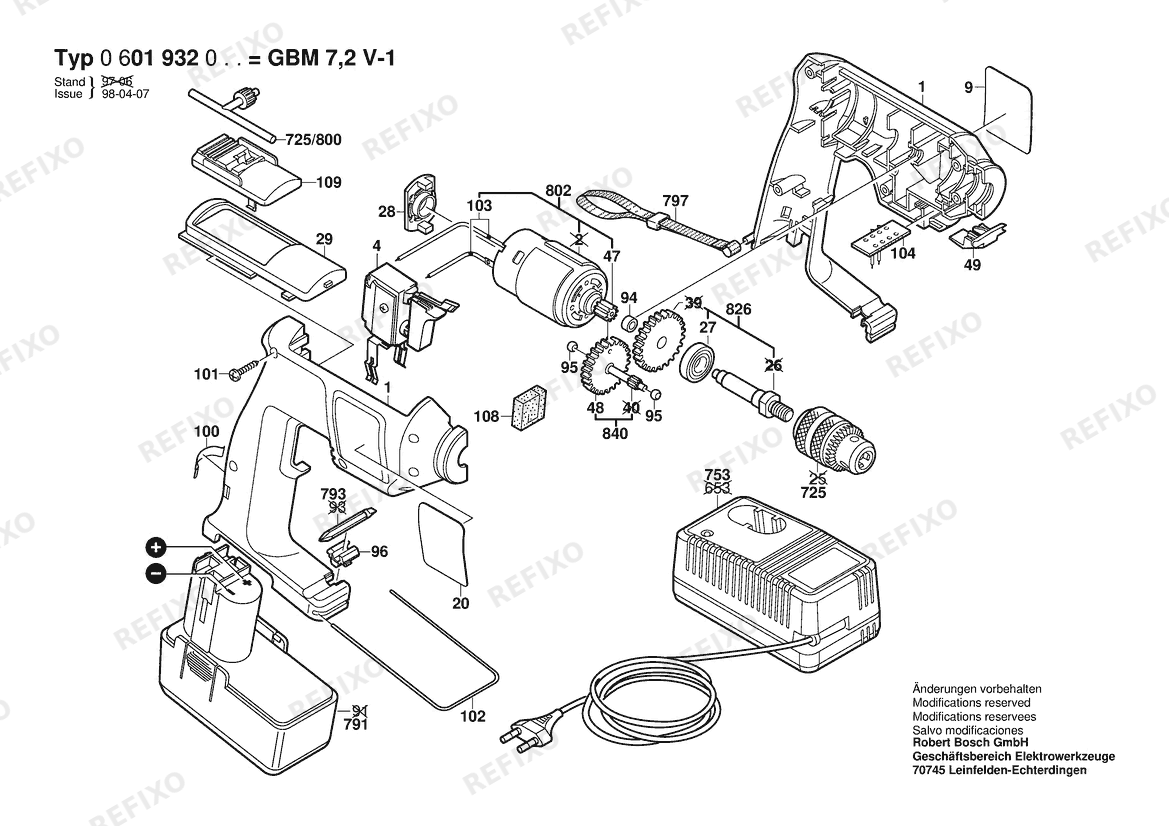 Bosch Аккумуляторный - дрель GBM 7,2 V-1 | 7.2 V | 001 - EU (0 601 932 060) — схема запчастей