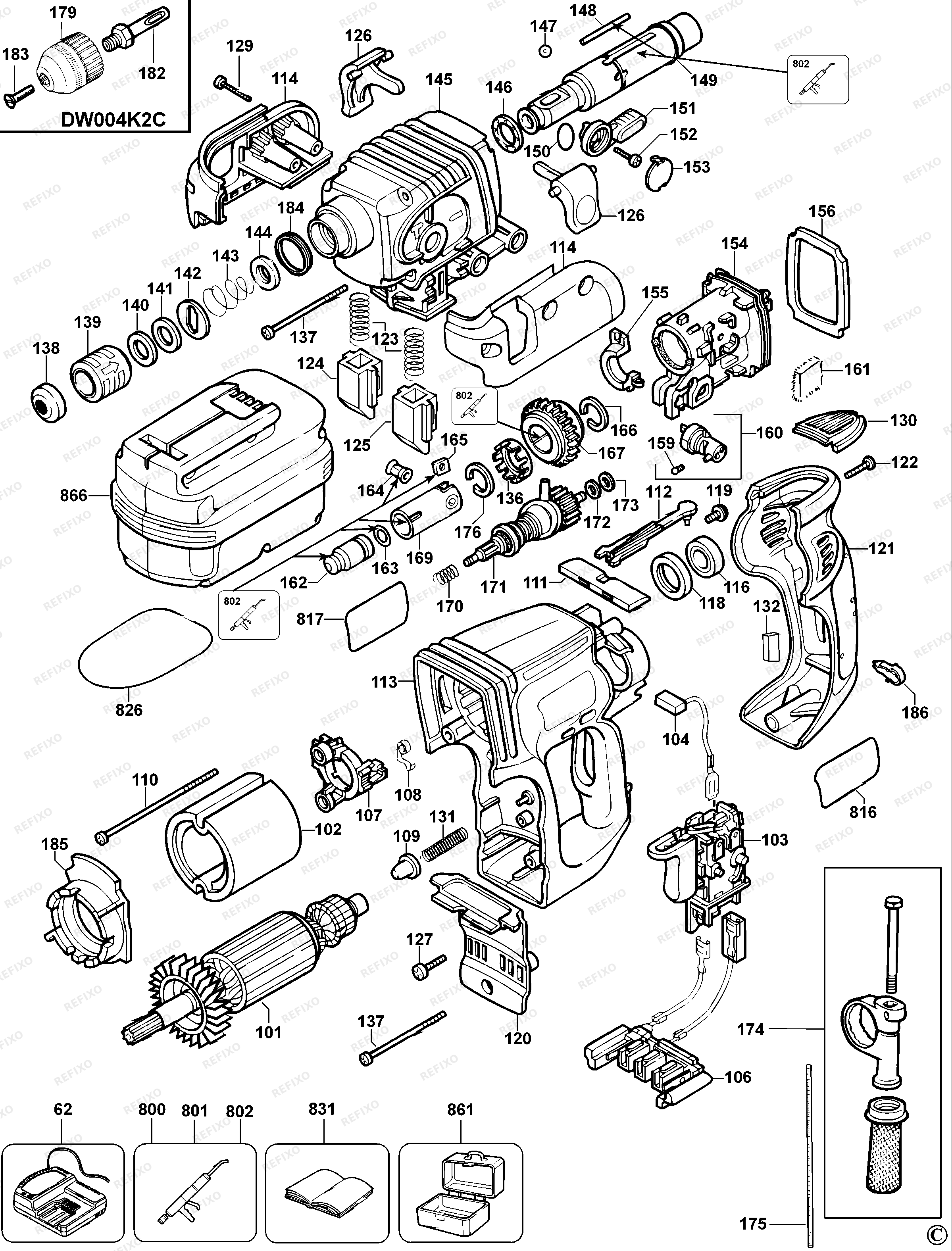 DeWalt КОМБИНИРОВАННЫЙ ПЕРФОРАТОР DW004K — схема запчастей