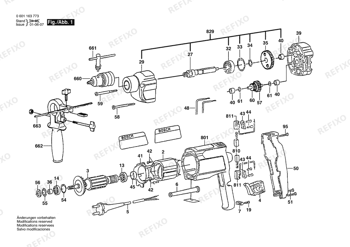 Bosch Дрель GBM 13 RE | 115 V | 025 - AMS (0 601 163 771) — схема запчастей