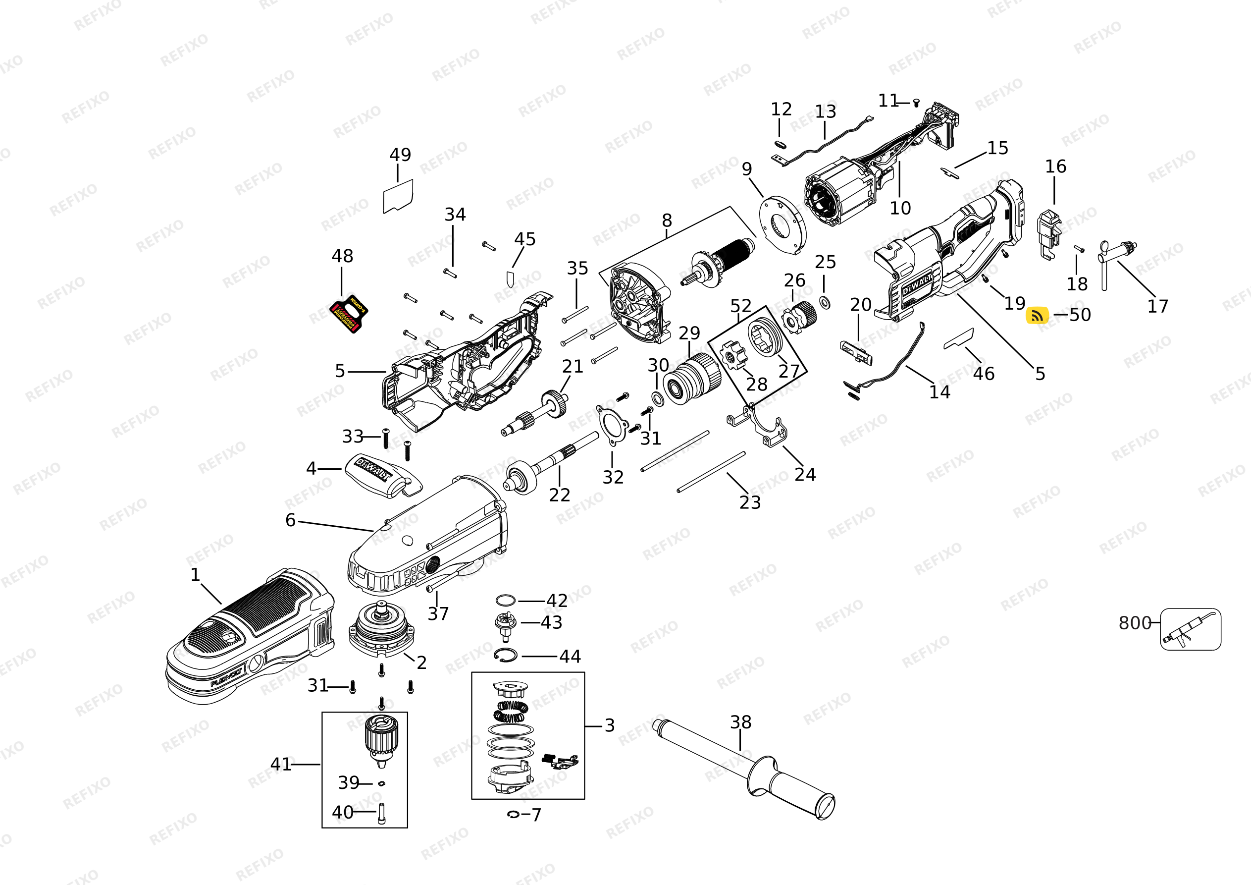 DeWalt УГЛОВАЯ ДРЕЛЬ DCD470N — схема запчастей