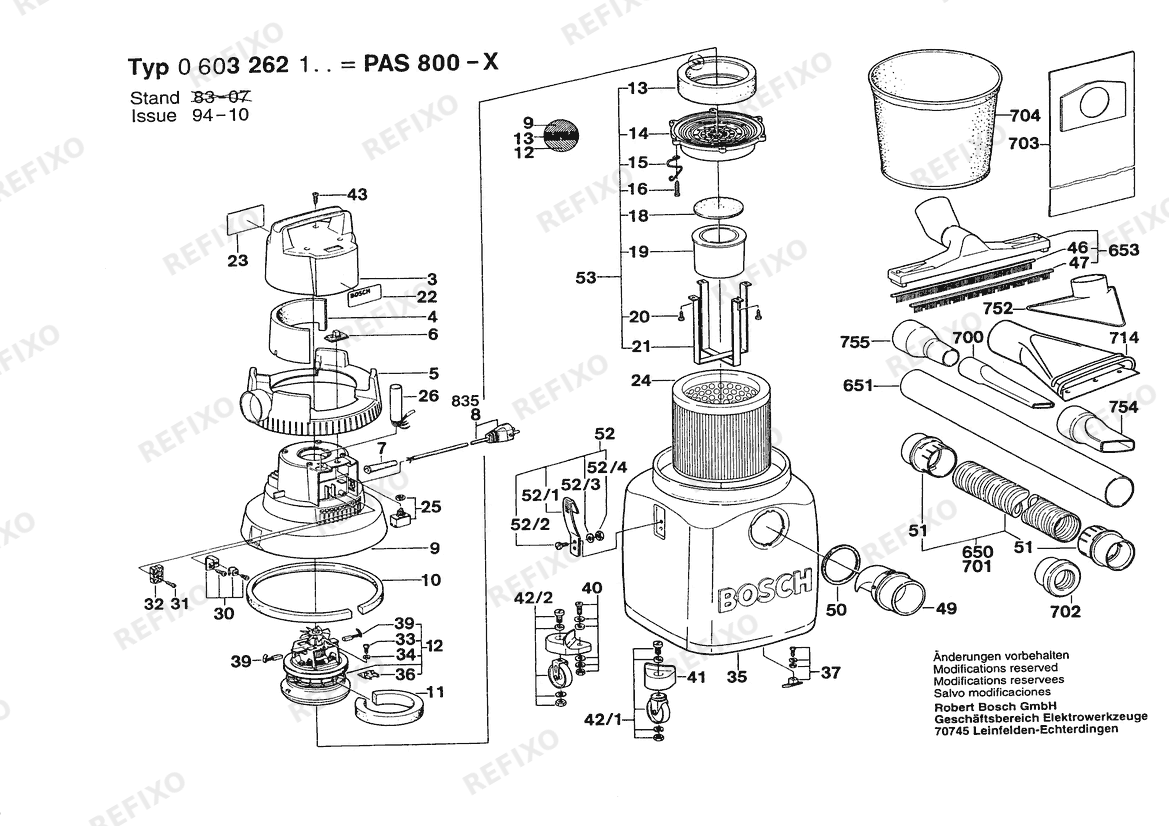 Bosch Allzwecksauger PAS 800-X | 220 V | 001 - EU (0 603 262 103) — схема запчастей