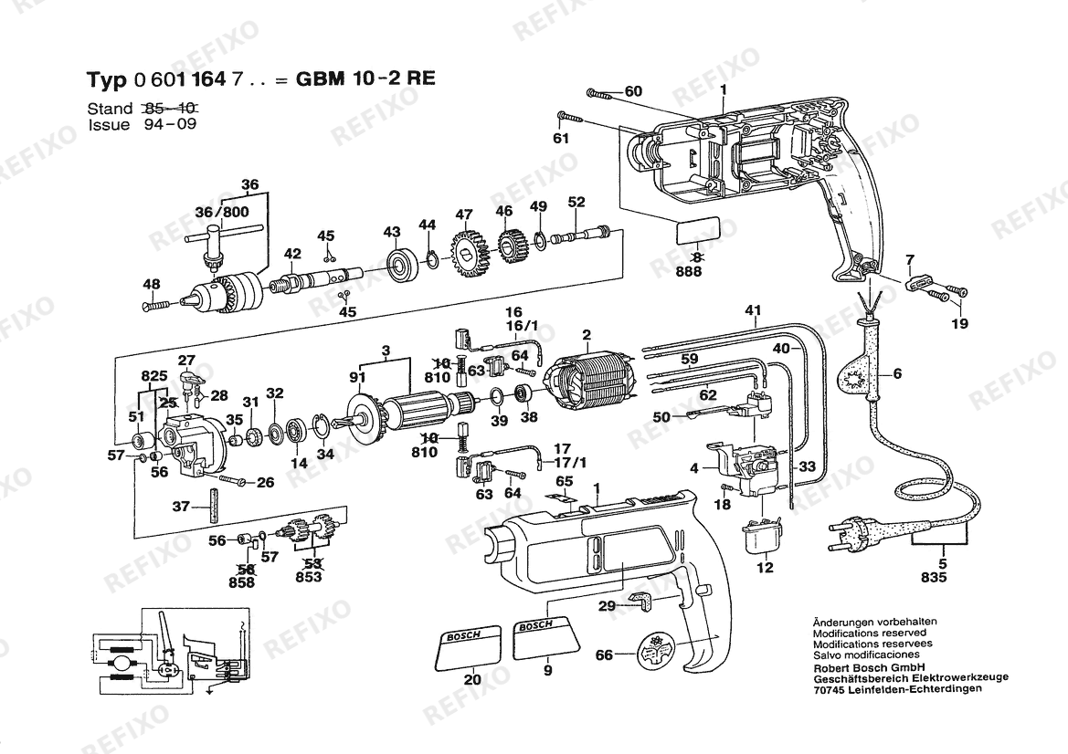 Bosch Дрель GBM 10-2 RE | 110 V | 035 - FR (0 601 164 747) — схема запчастей