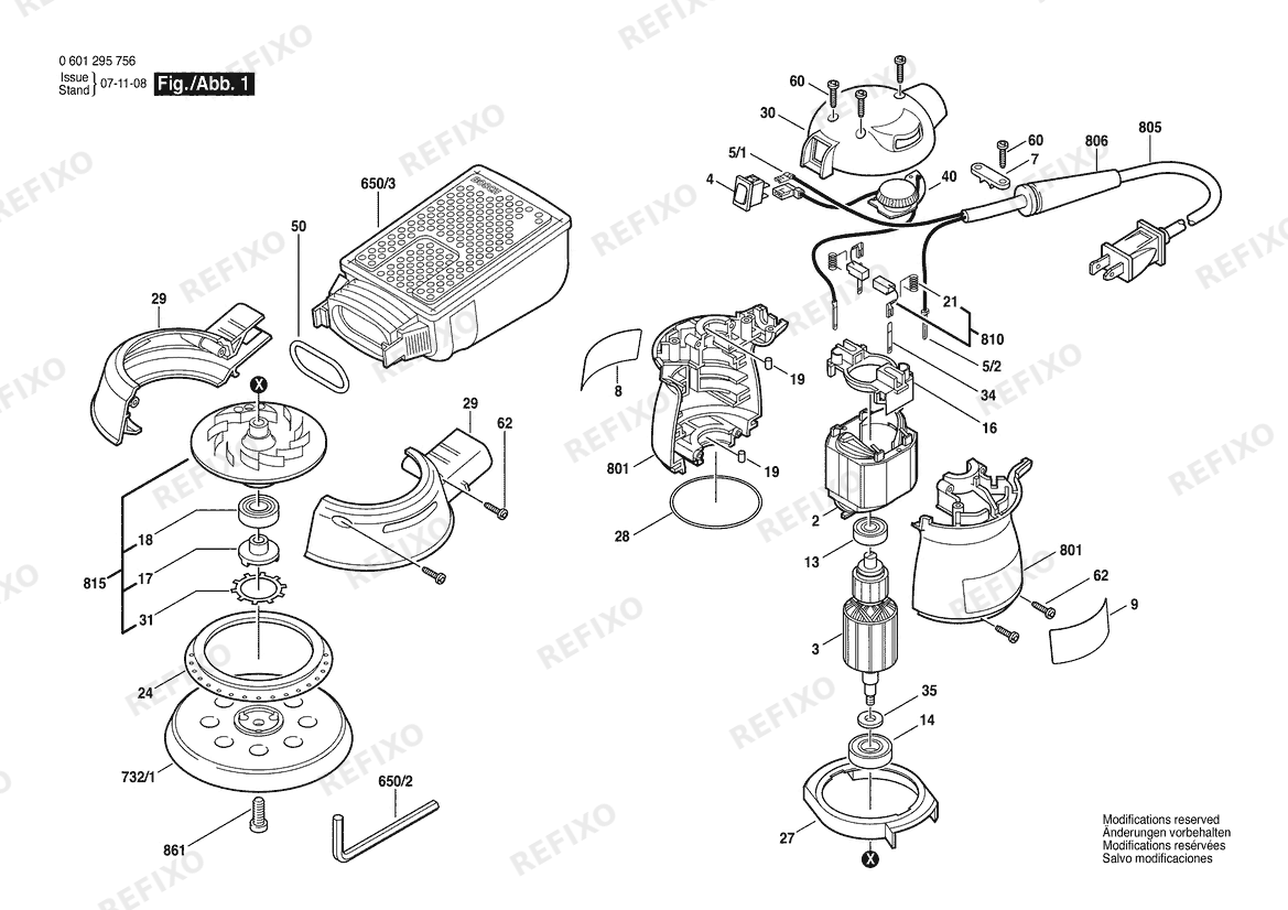 Bosch Эксцентриковая шлифмашина 1295 DVS | 120 V | 061 - US (0 601 295 756) — схема запчастей
