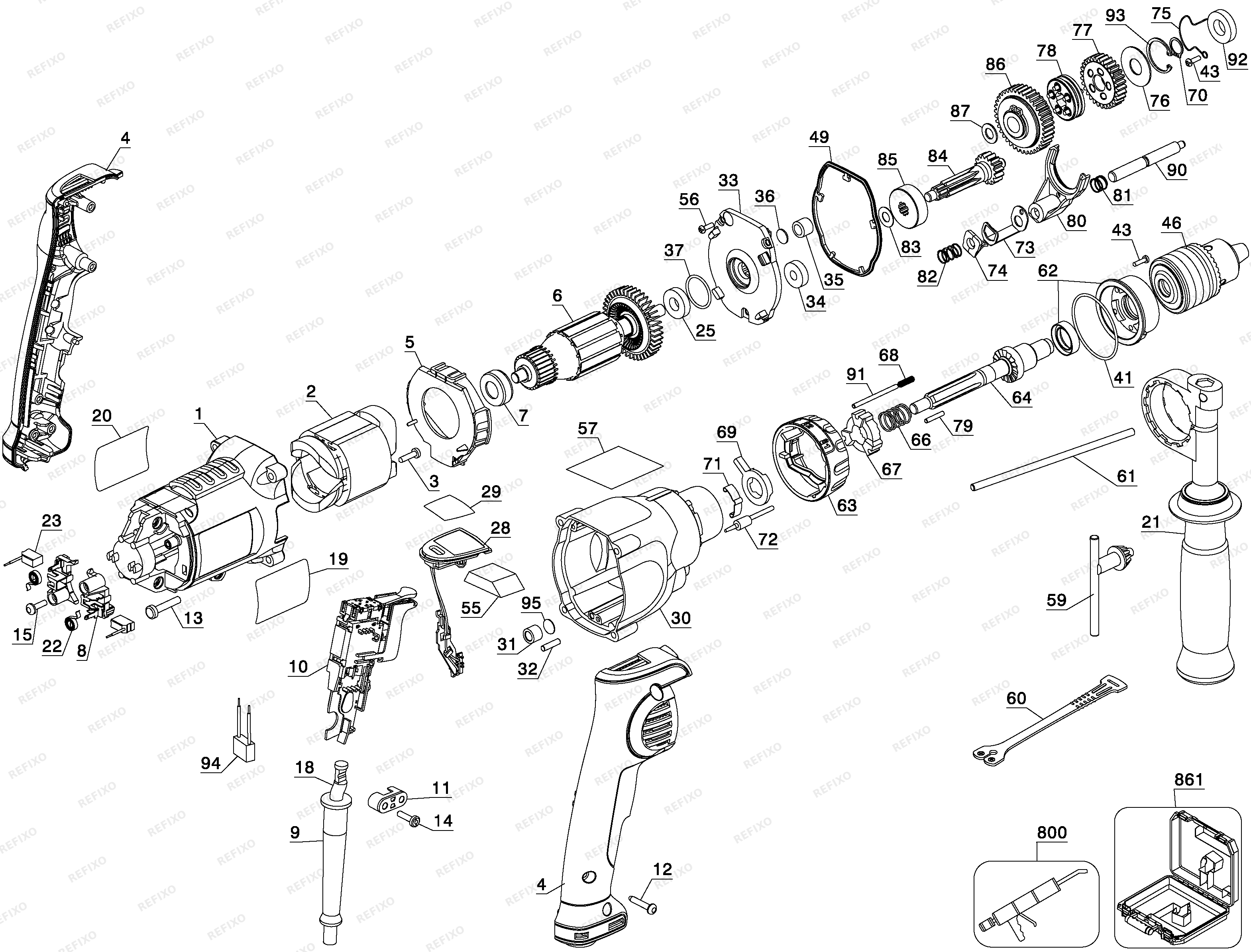 DeWalt 1100W DRILL D21570K — схема запчастей
