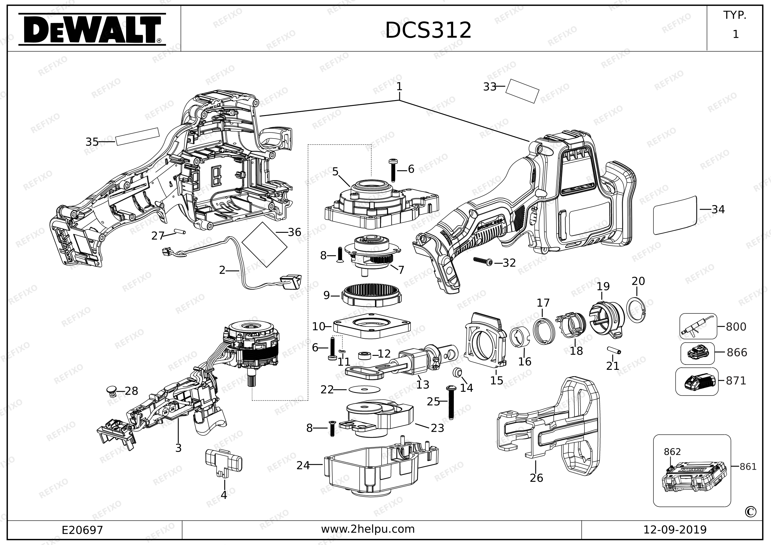 DeWalt АККУМУЛЯТОРНАЯ САБЕЛЬНАЯ ПИЛА DCS312D2 — схема запчастей