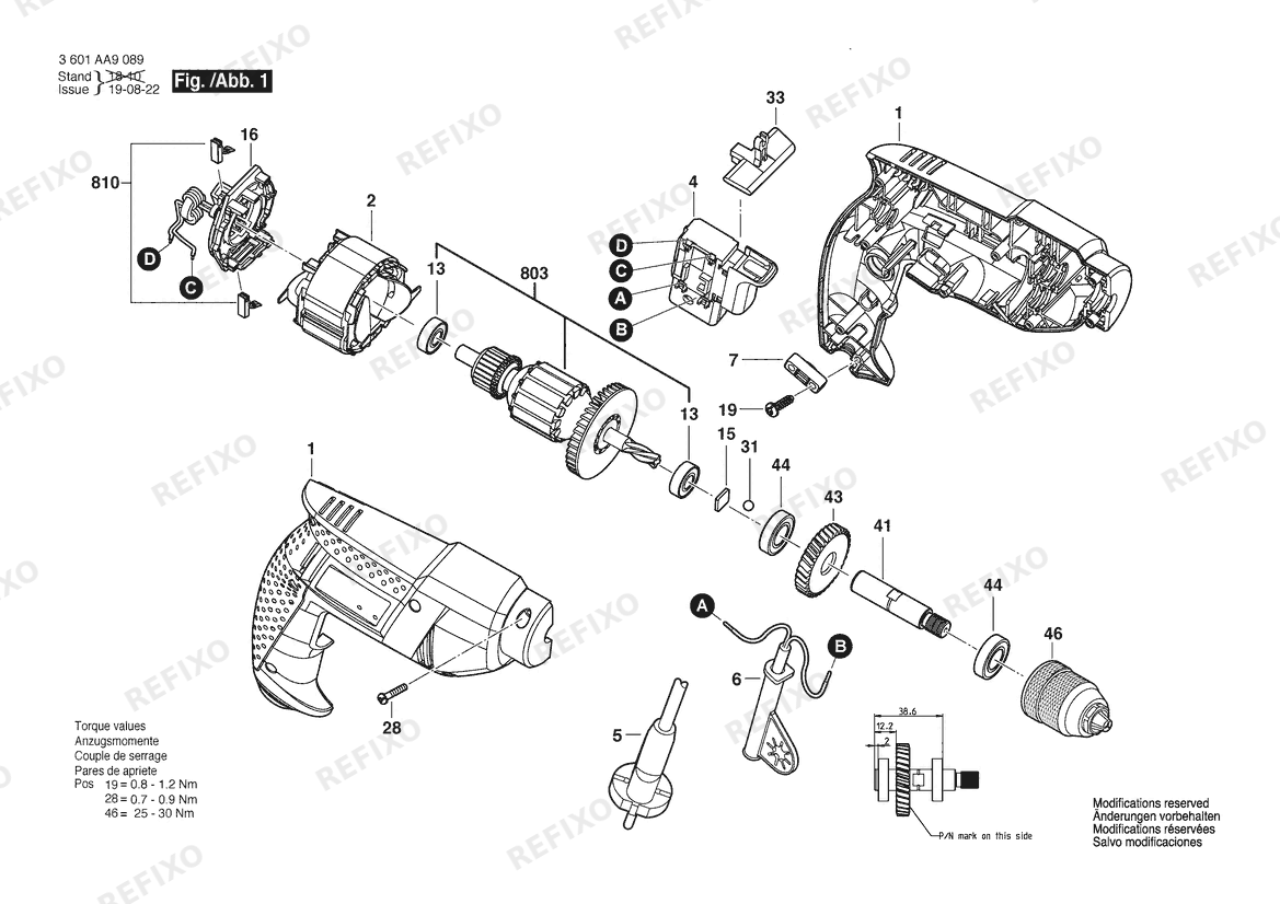 Bosch Дрель GBM 345 | 220 V (3 601 AA9 08A) — схема запчастей