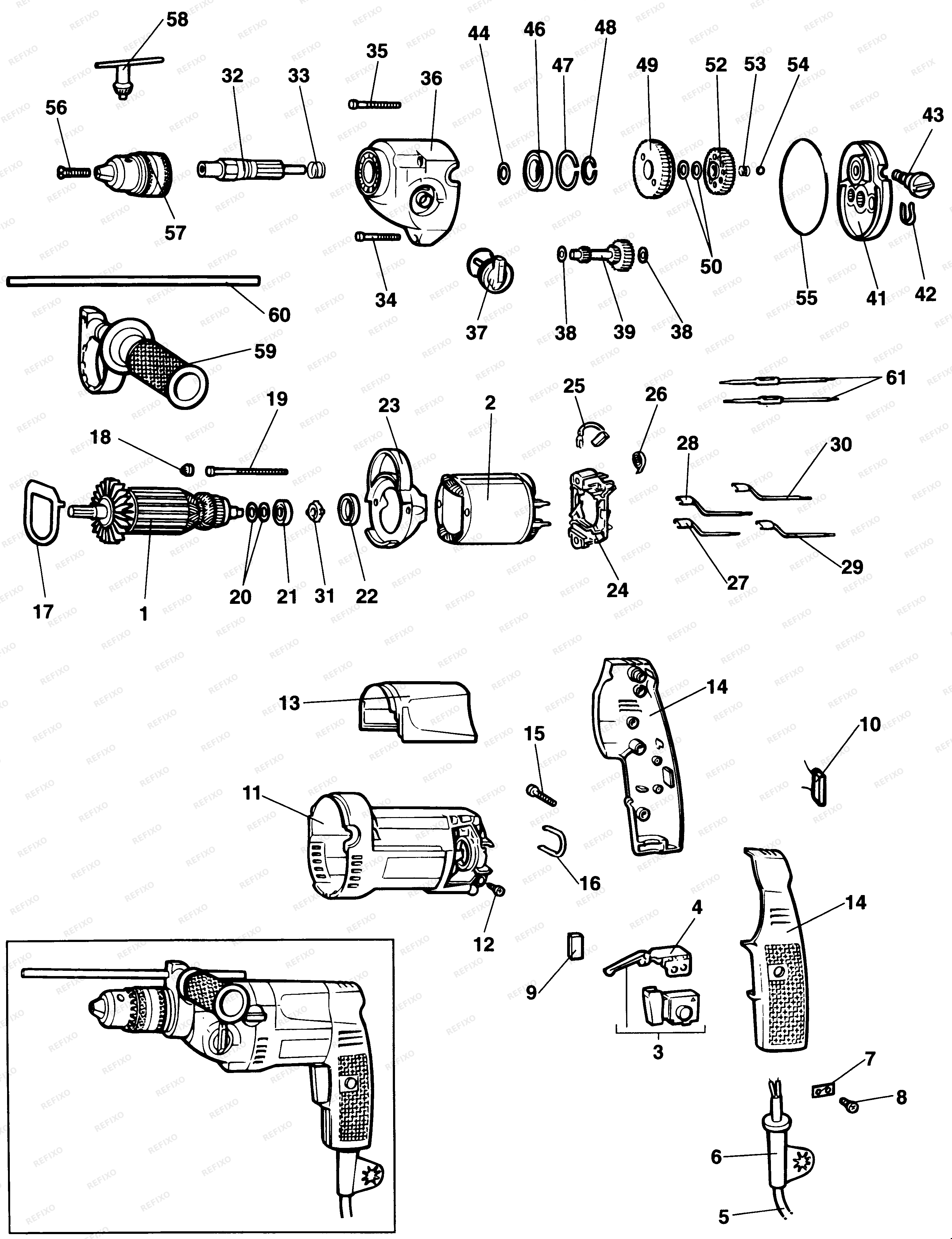 DeWalt ДРЕЛЬ DW155 — схема запчастей