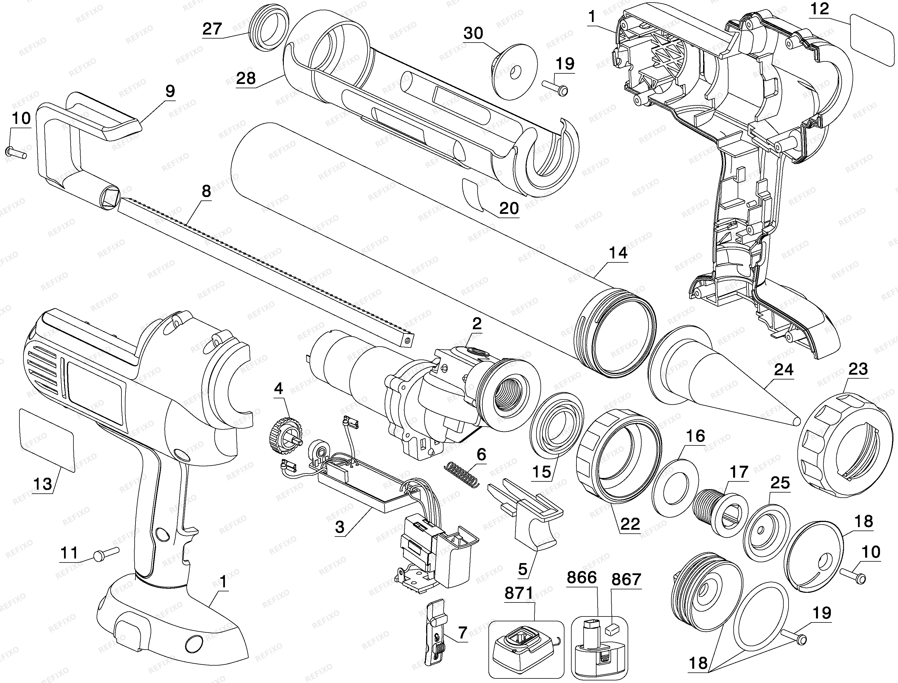 DeWalt ПИСТОЛЕТ ДЛЯ ГЕРМЕТИКОВ DC542 — схема запчастей