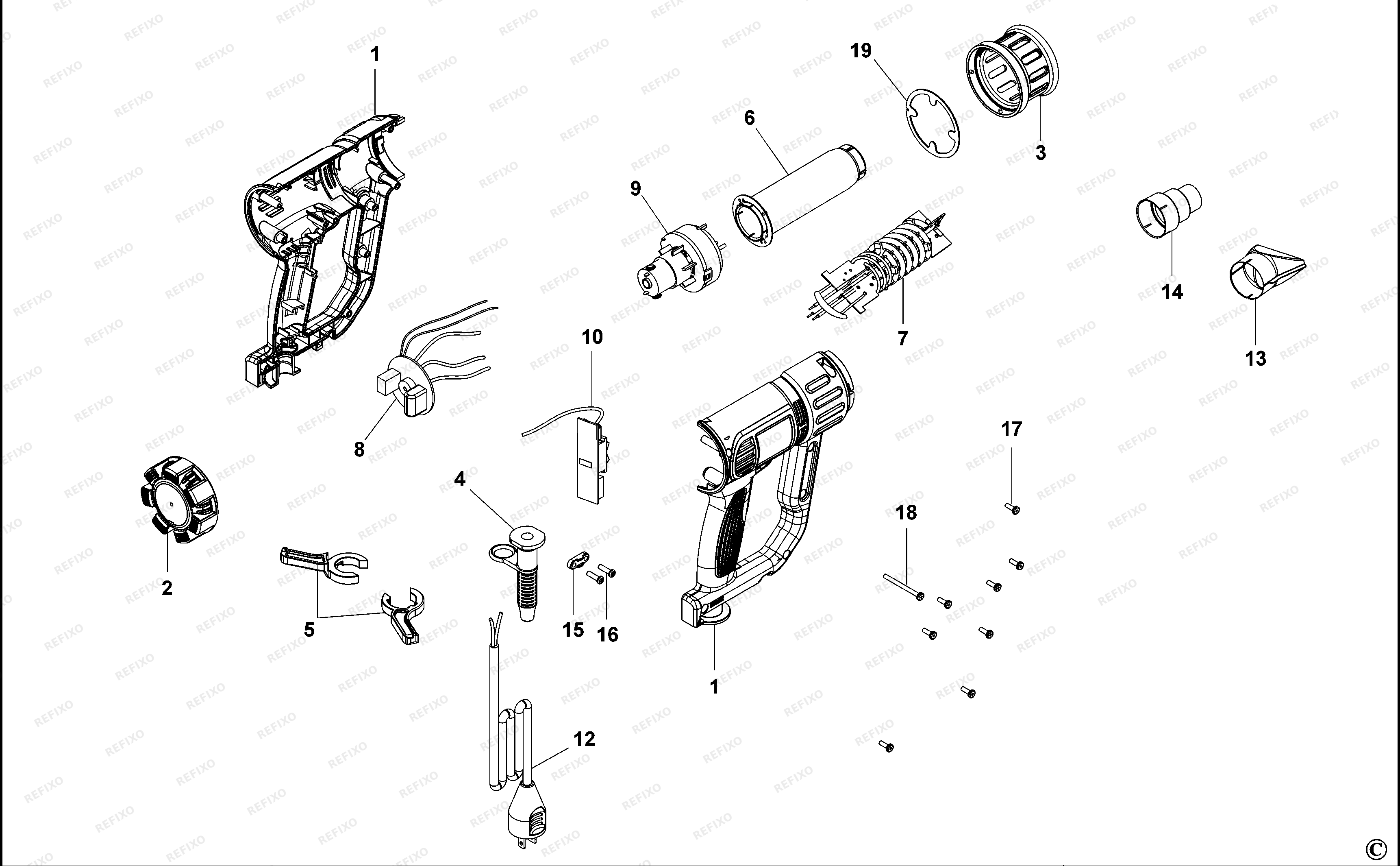 DeWalt ПИСТОЛЕТ ГОРЯЧЕГО ВОЗДУХА D26411 — схема запчастей