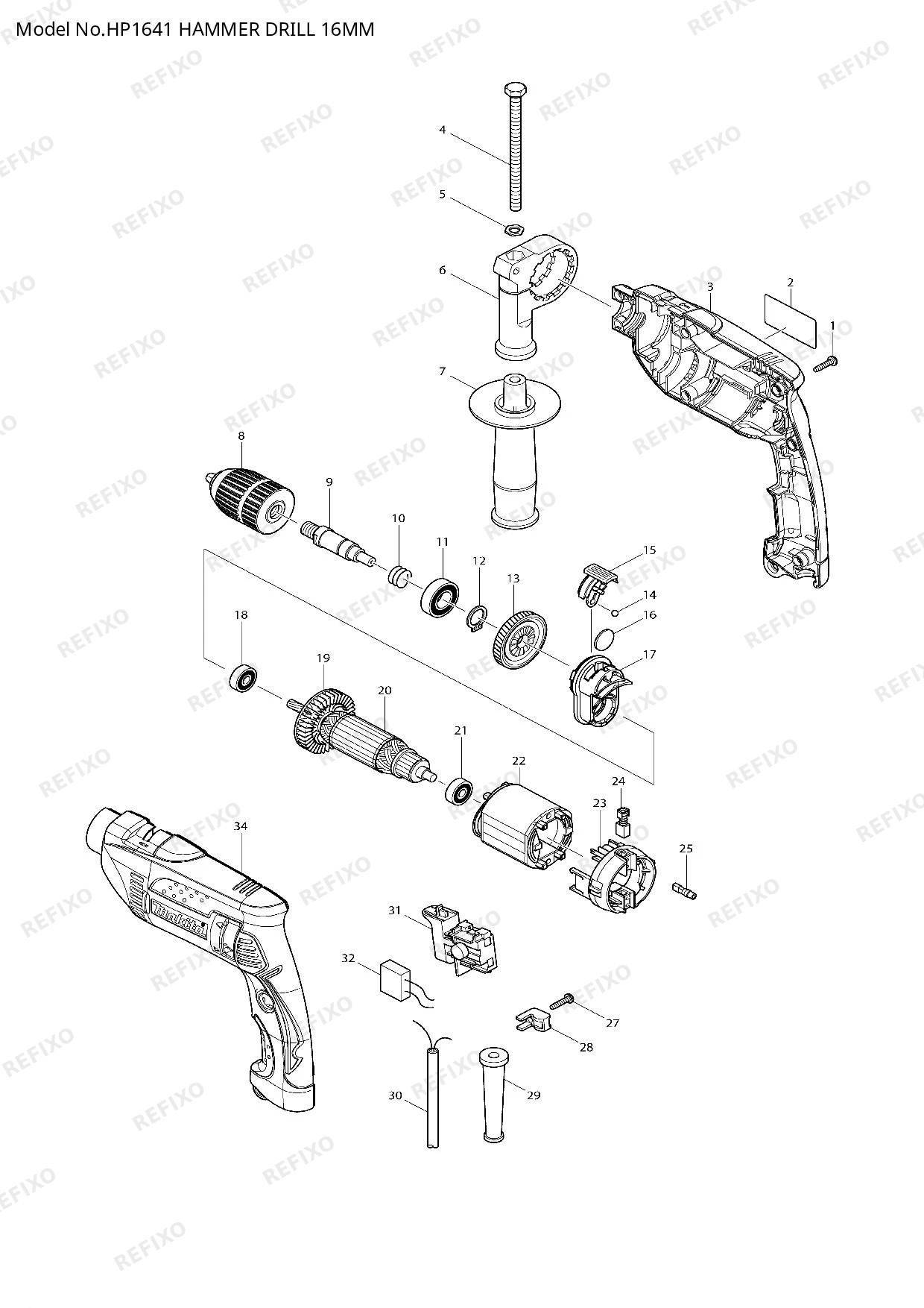 MAKITA HP1641 — схема запчастей