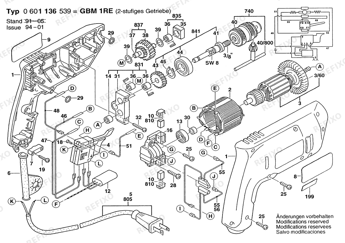 Bosch Дрель GBM 1 RE | 115 V | 061 - US (0 601 136 539) — схема запчастей