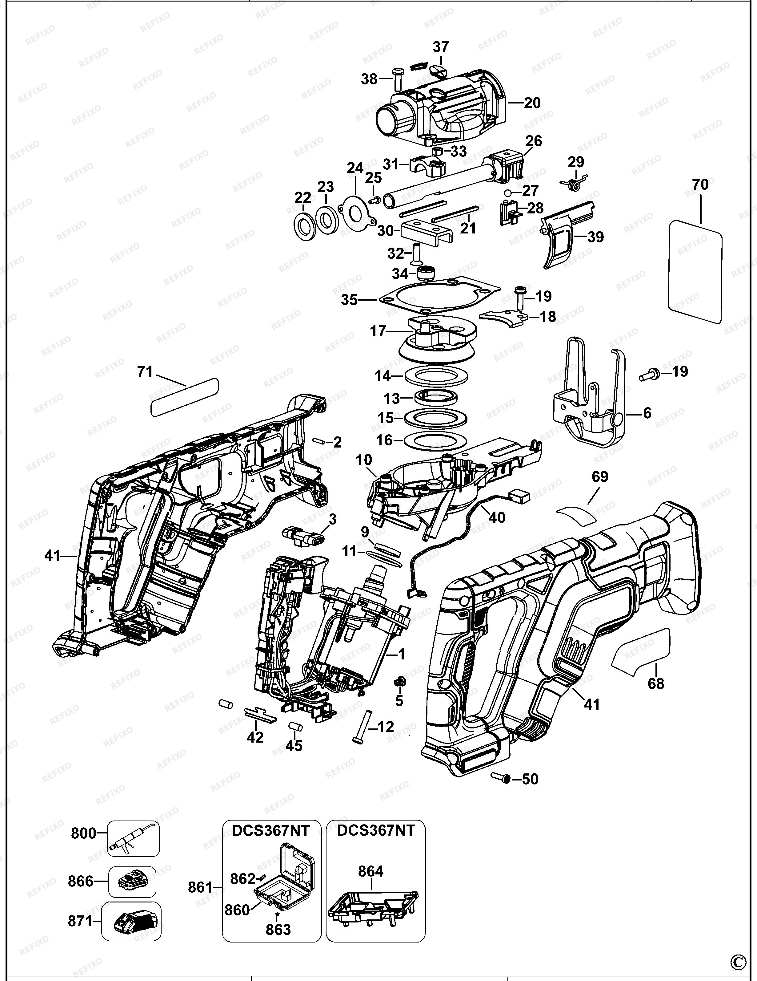 DeWalt АККУМУЛЯТОРНАЯ САБЕЛЬНАЯ ПИЛА DCS367 — схема запчастей