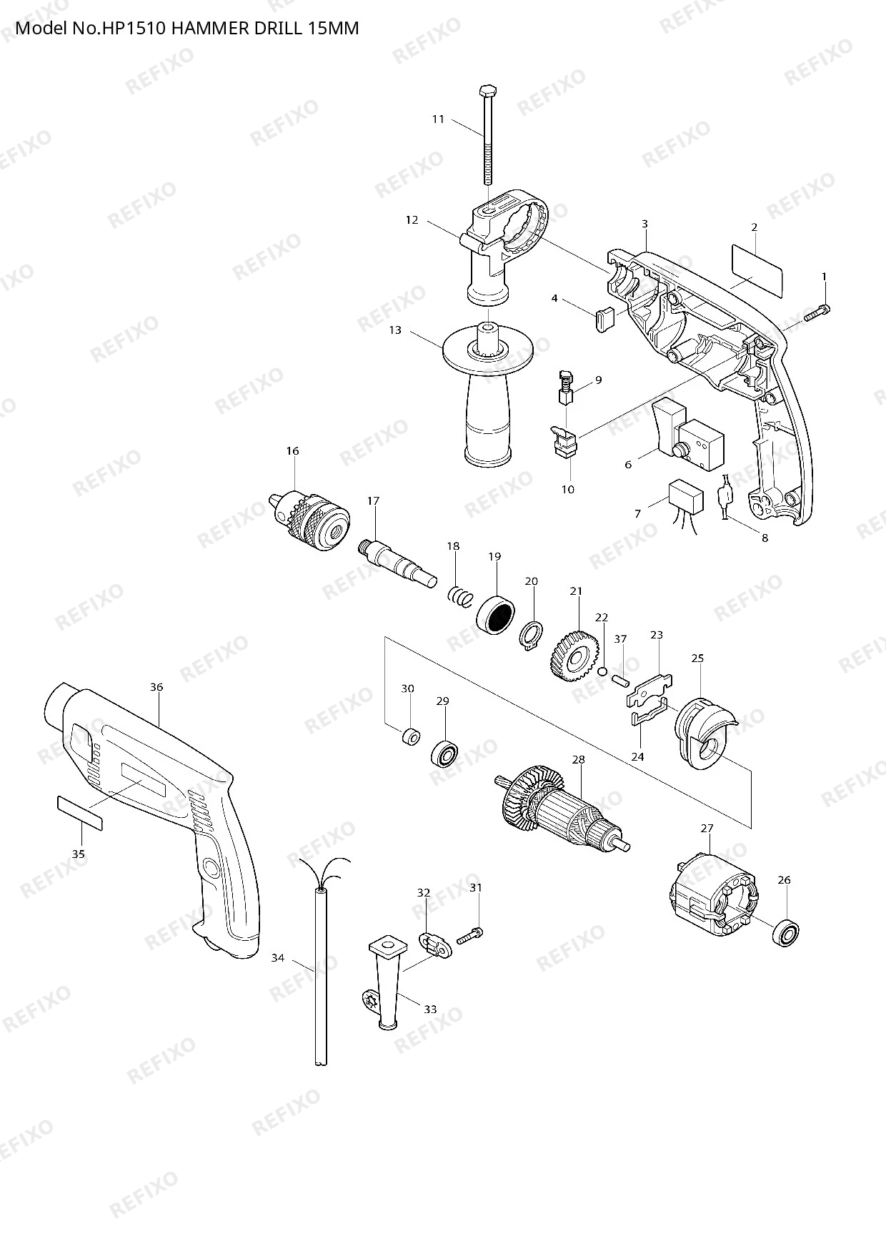 MAKITA HP1510 — схема запчастей