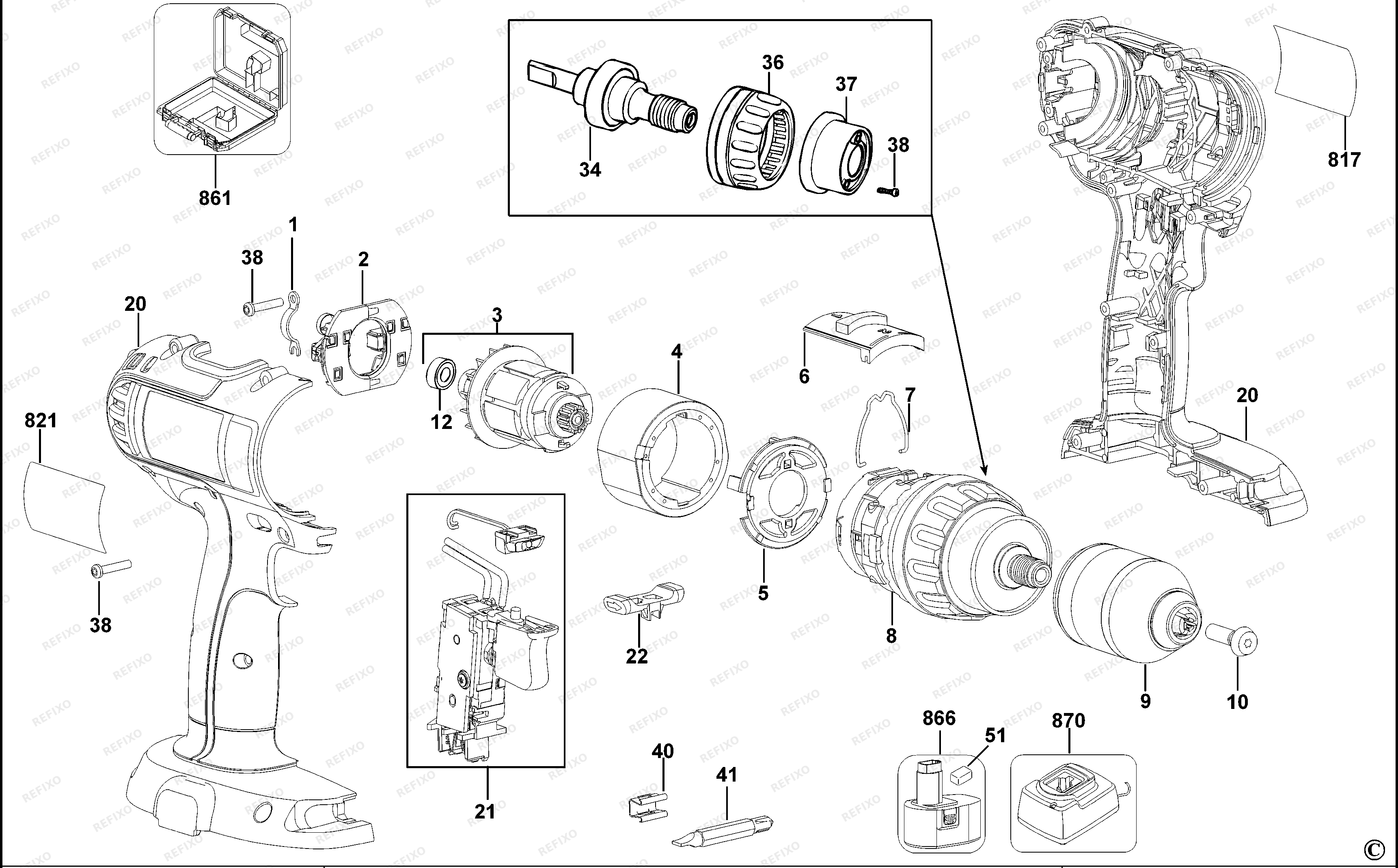 DeWalt АККУМУЛЯТОРНАЯ ДРЕЛЬ DC722C2 — схема запчастей