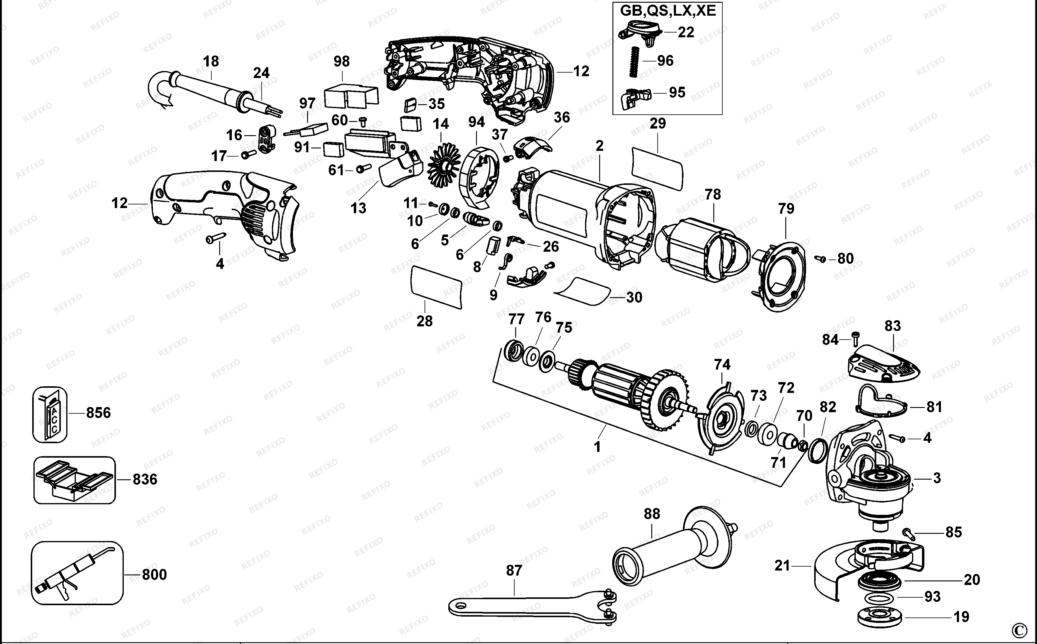 DeWalt МАЛЕНЬКАЯ УГЛОВАЯ ШЛИФМАШИНКА D28065 — схема запчастей