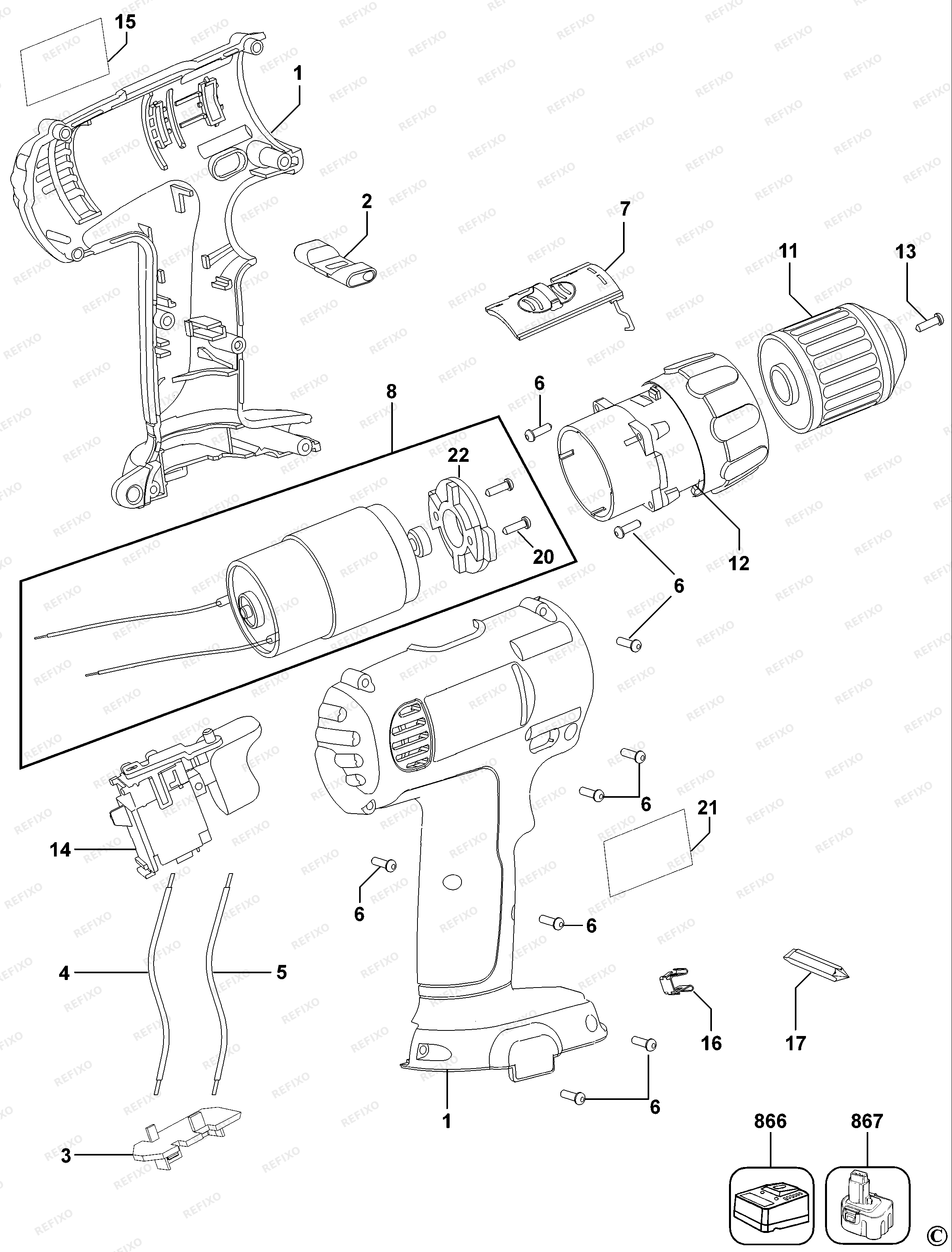 DeWalt АККУМУЛЯТОРНАЯ ДРЕЛЬ DC740 — схема запчастей