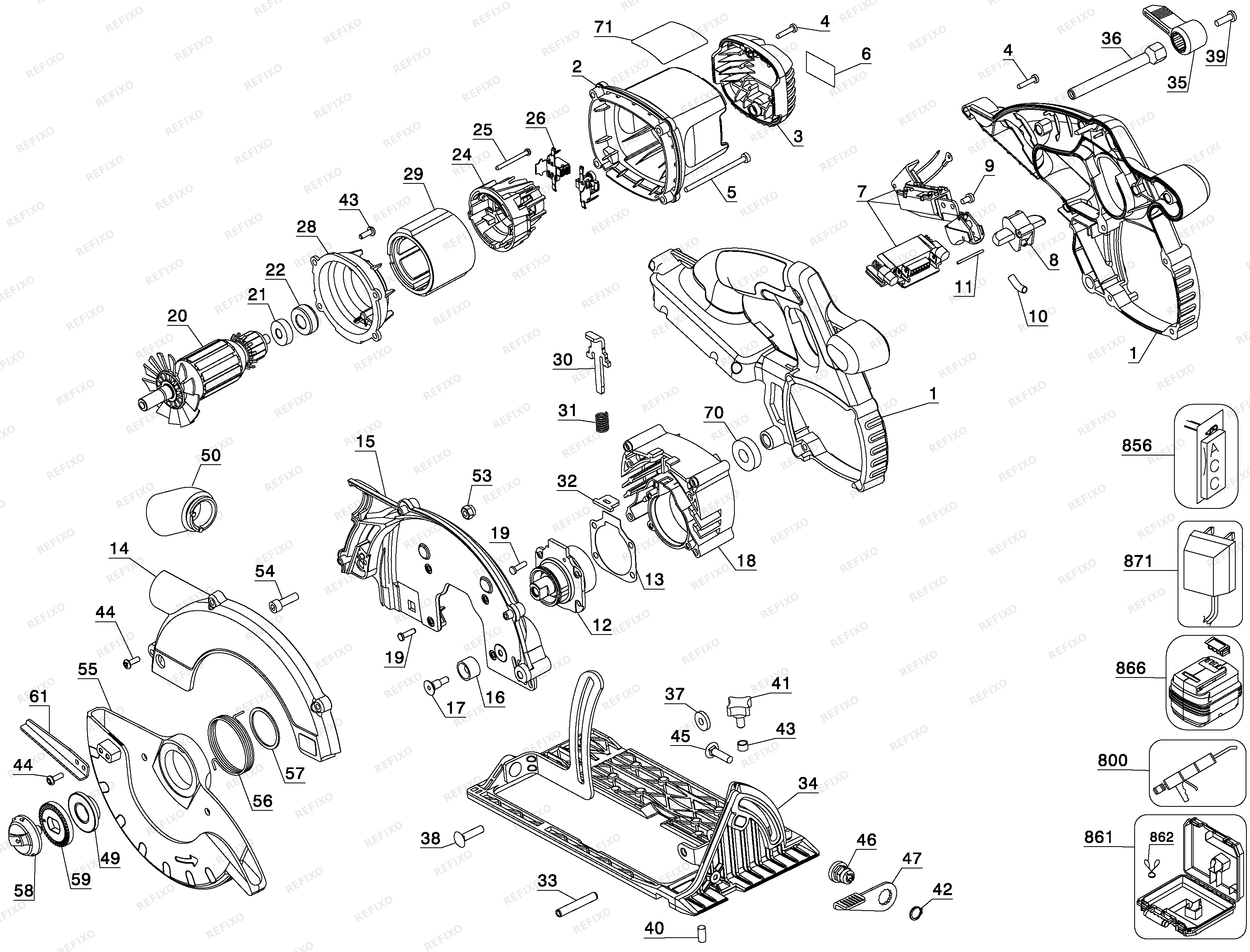 DeWalt 36V Circular Saw DC300KL — схема запчастей