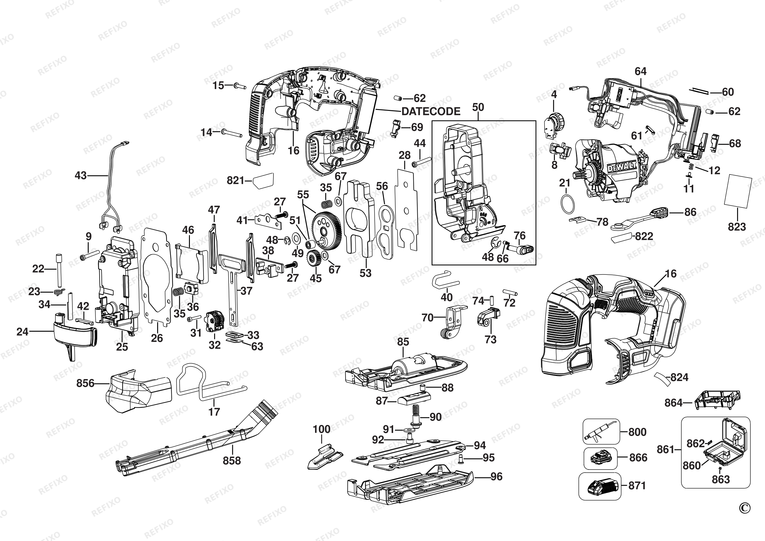 DeWalt АККУМУЛЯТОРНЫЙ ЛОБЗИК DCS334NT — схема запчастей