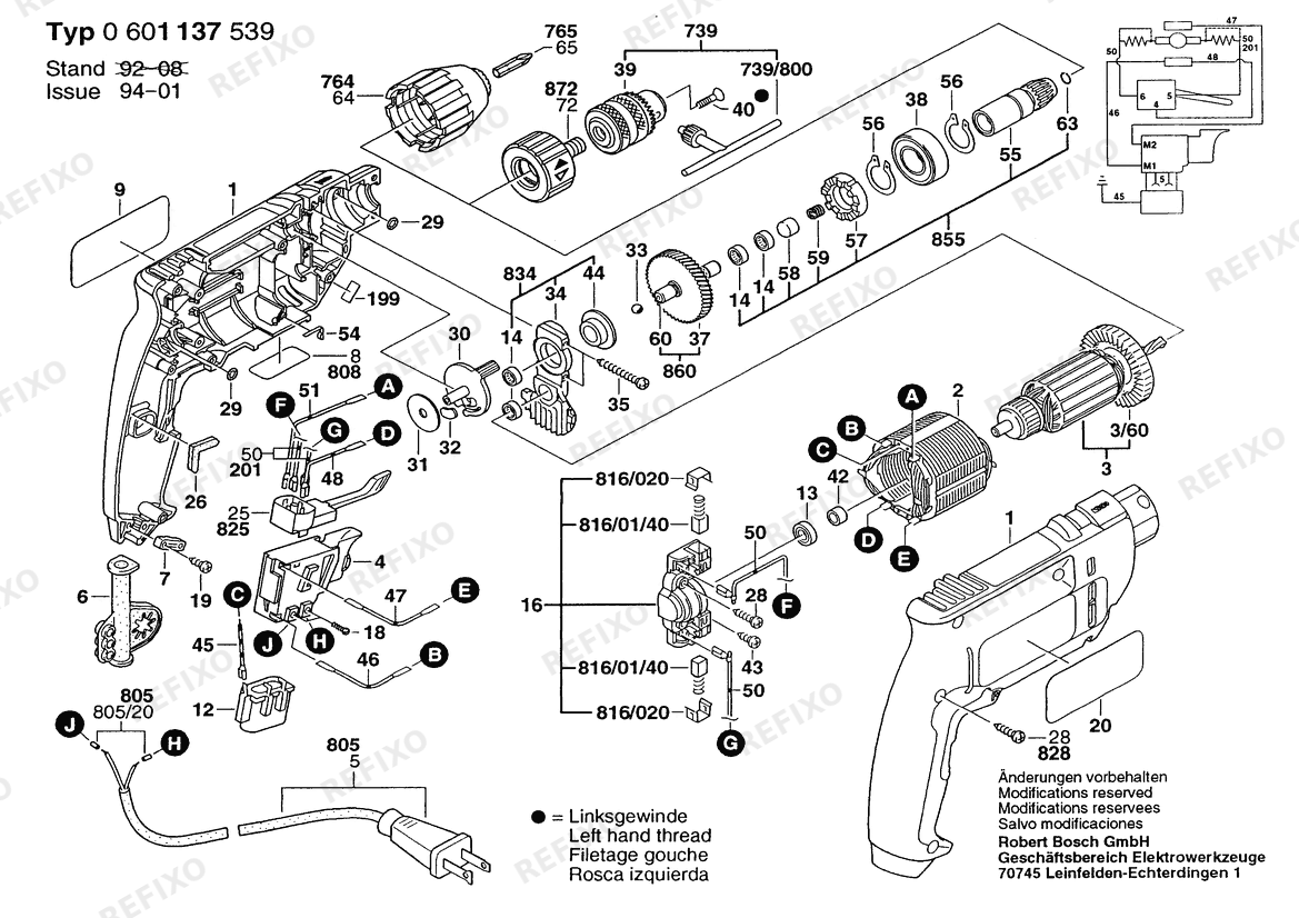 Bosch Дрель GBM 10 KRE | 115 V (0 601 137 539) — схема запчастей