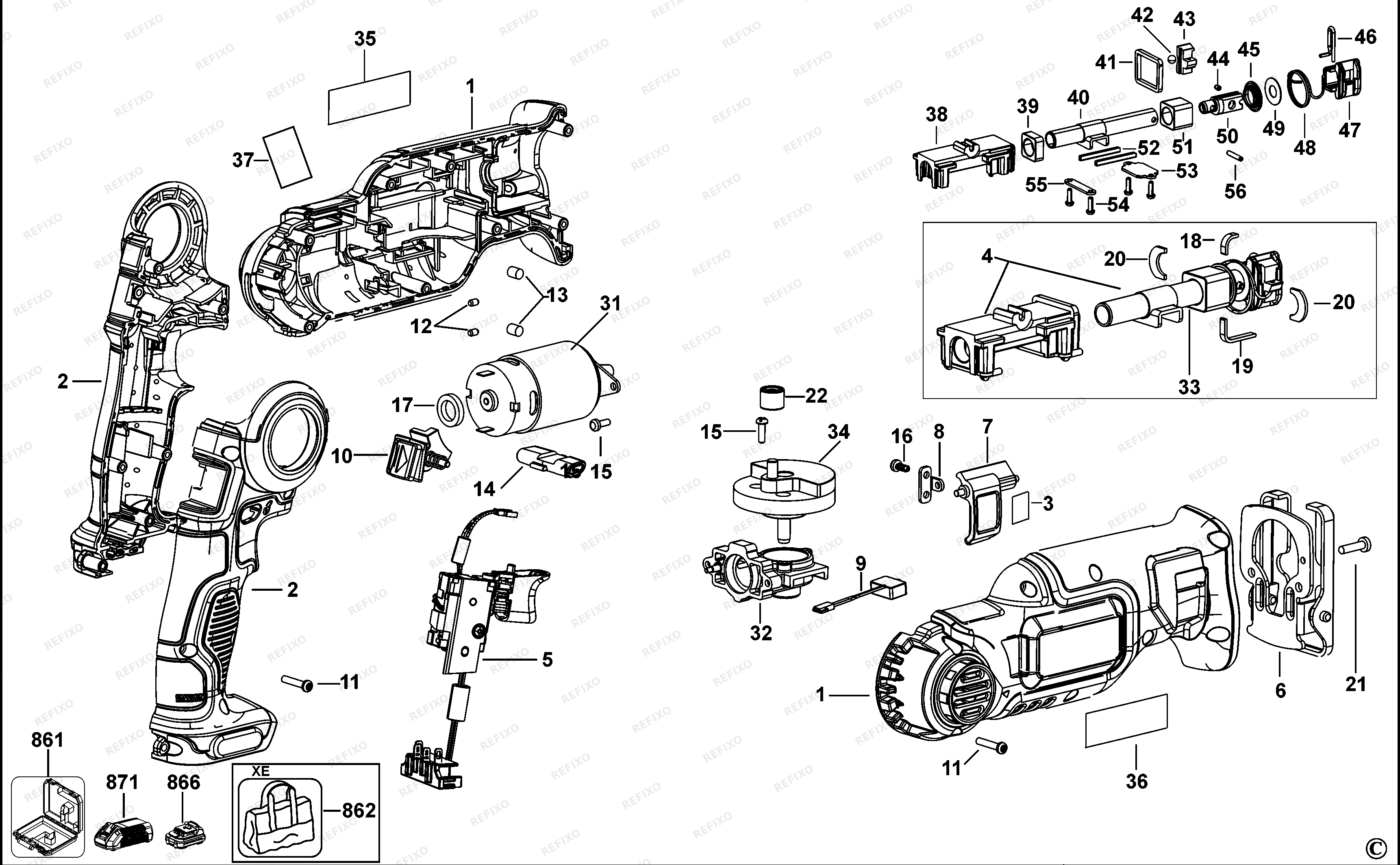 DeWalt АККУМУЛЯТОРНАЯ САБЕЛЬНАЯ ПИЛА DCS310 — схема запчастей