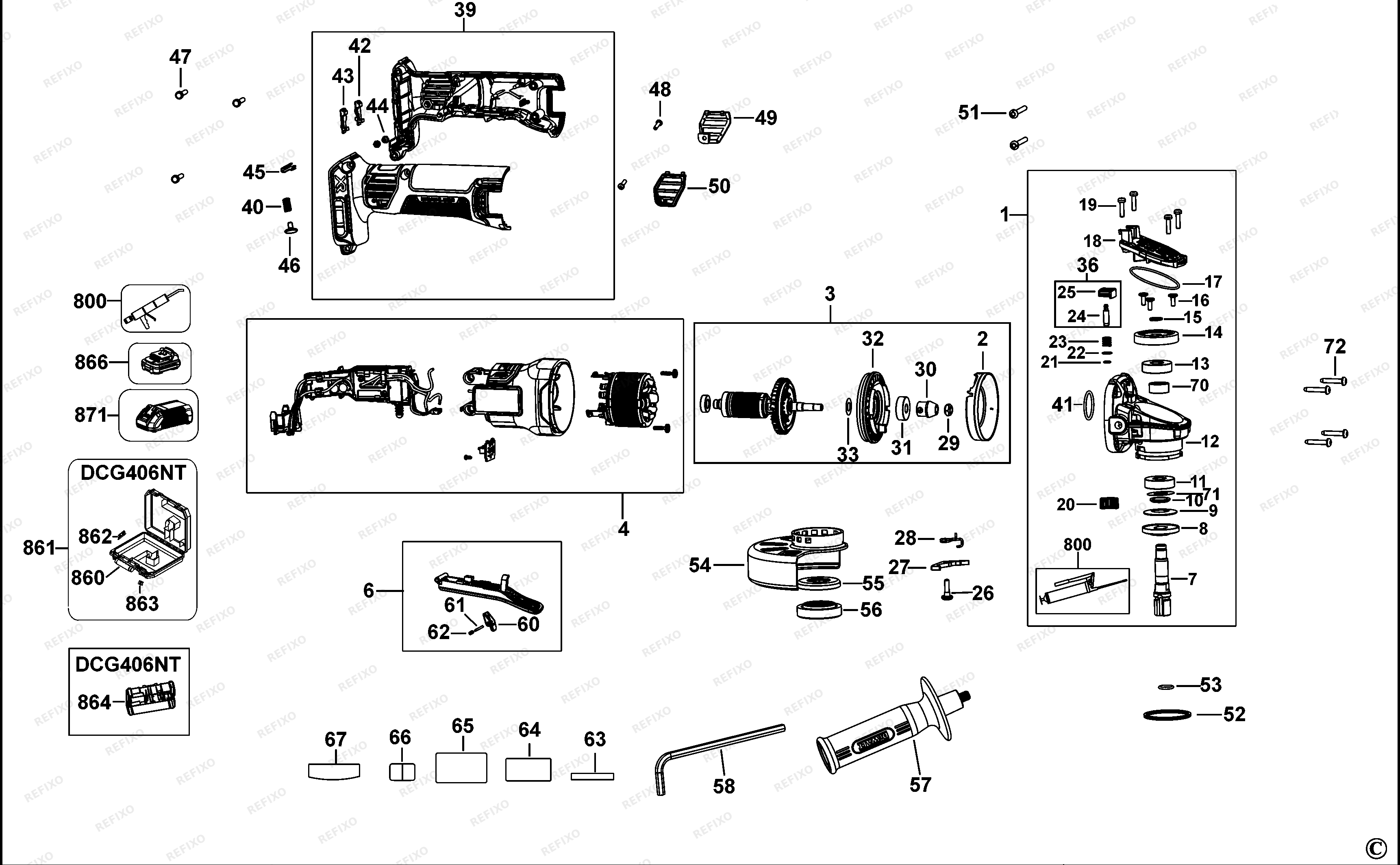 DeWalt МАЛЕНЬКАЯ УГЛОВАЯ ШЛИФМАШИНКА DCG406P2LRT — схема запчастей