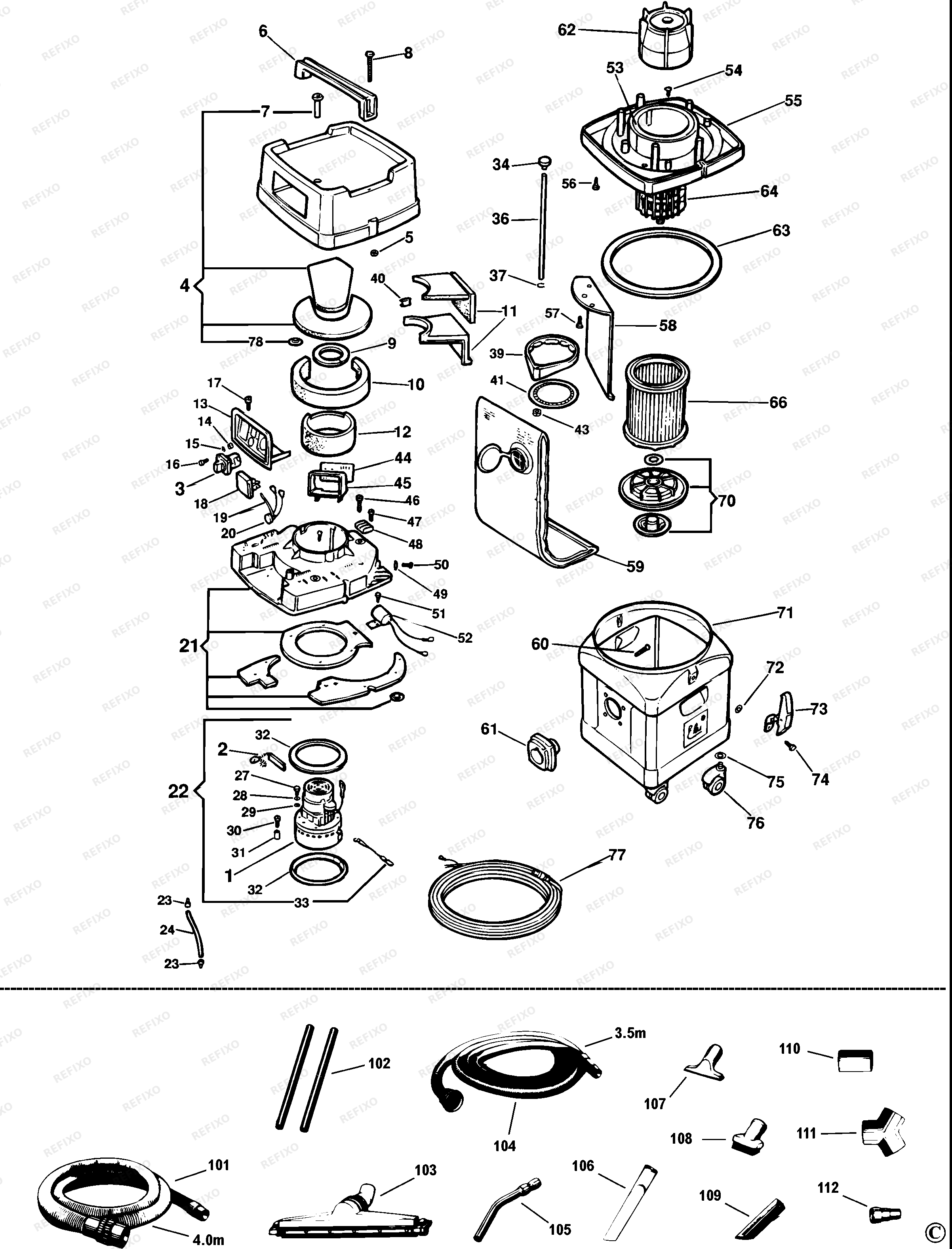 DeWalt ВАКУУМНЫЙ ЭКСТРАКТОР EVE938 — схема запчастей