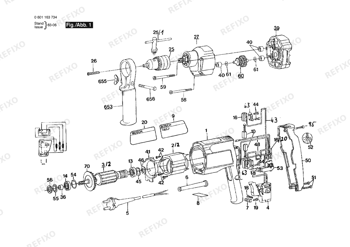 Bosch Дрель GBM 13 RE | 115 V | 025 - AMS (0 601 163 734) — схема запчастей
