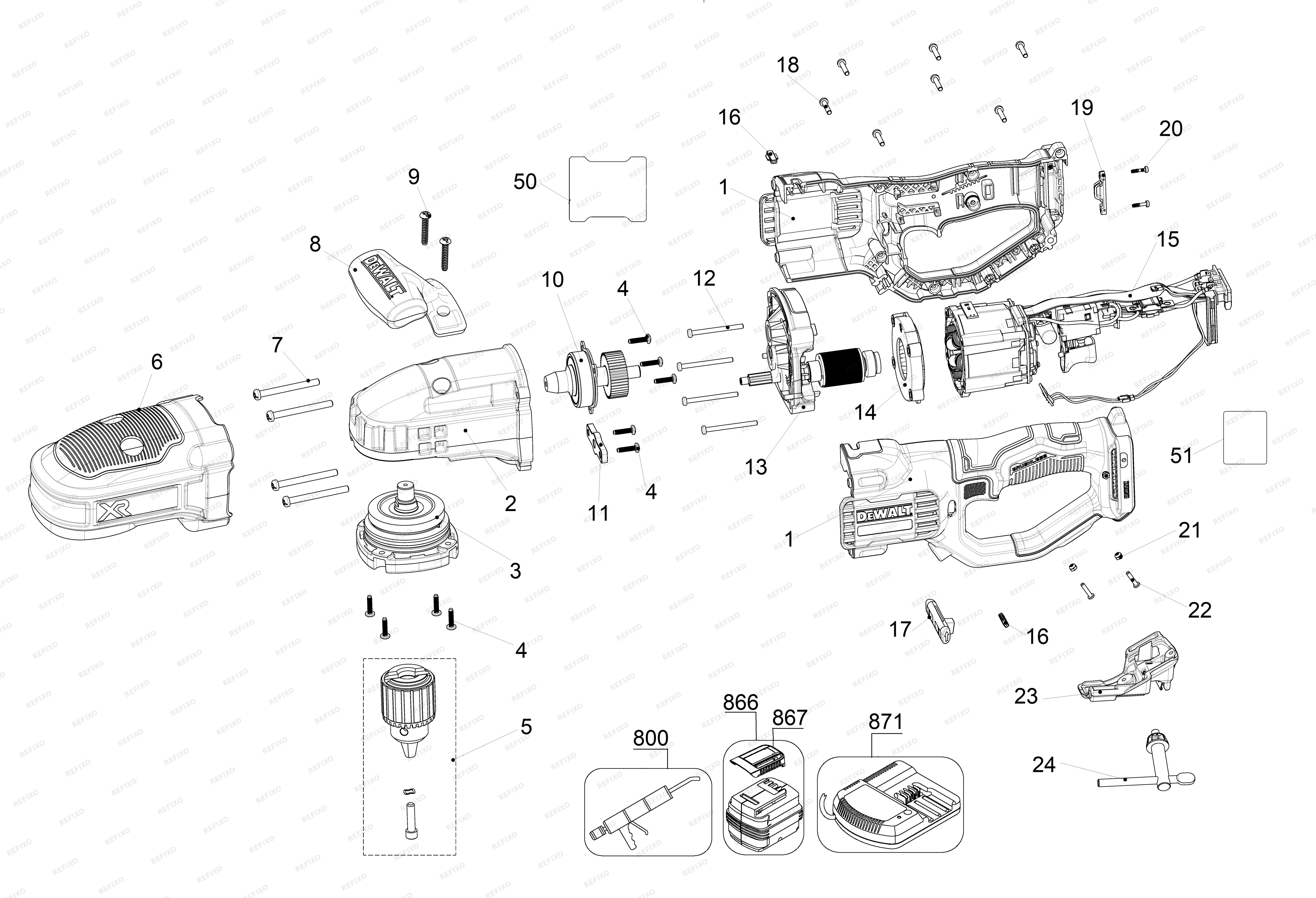 DeWalt УГЛОВАЯ ДРЕЛЬ DCD444N — схема запчастей