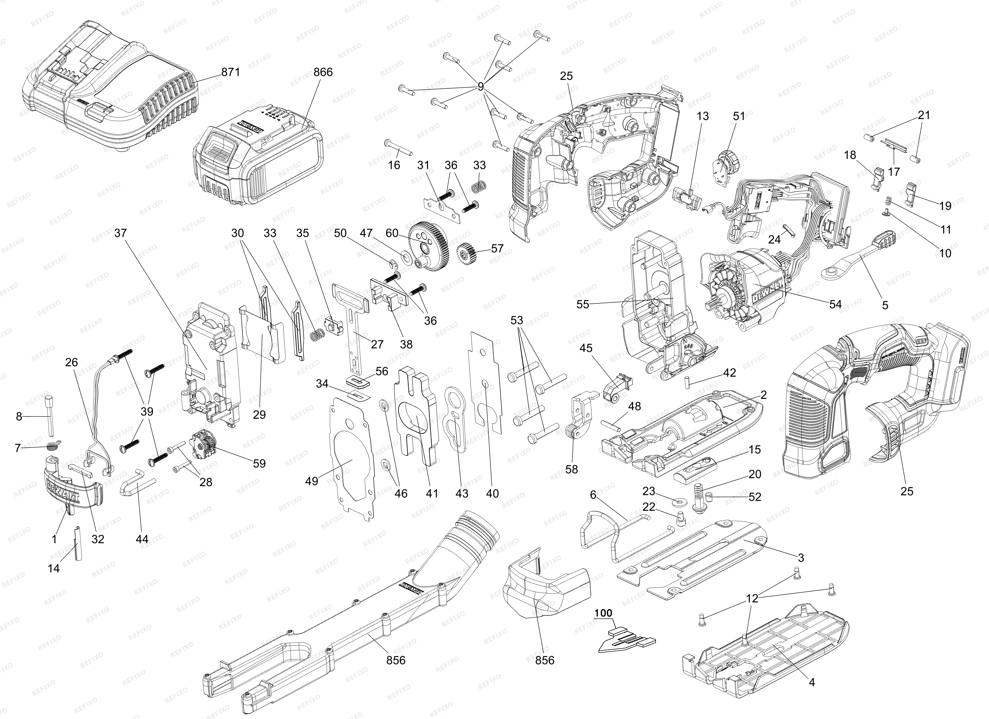 DeWalt XR 18V BL JIGSAW TH BARE DCS334N — схема запчастей