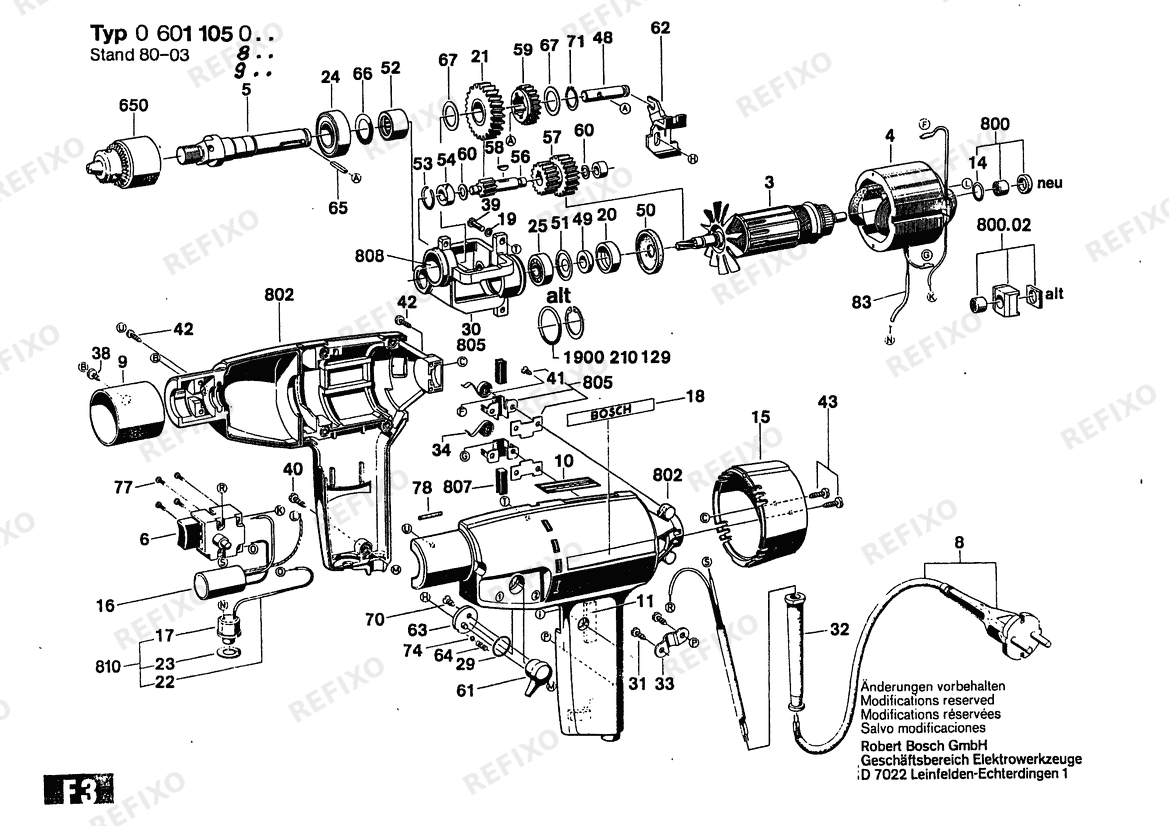 Bosch Дрель Drill | 120 V | 061 - US (0 601 105 939) — схема запчастей