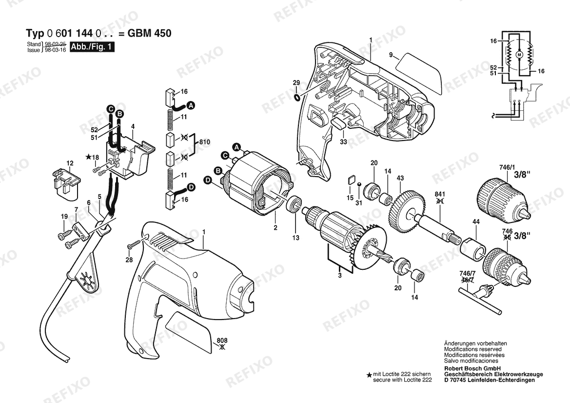 Bosch Дрель GBM 450 | 240 V | 036 - GB (0 601 144 042) — схема запчастей