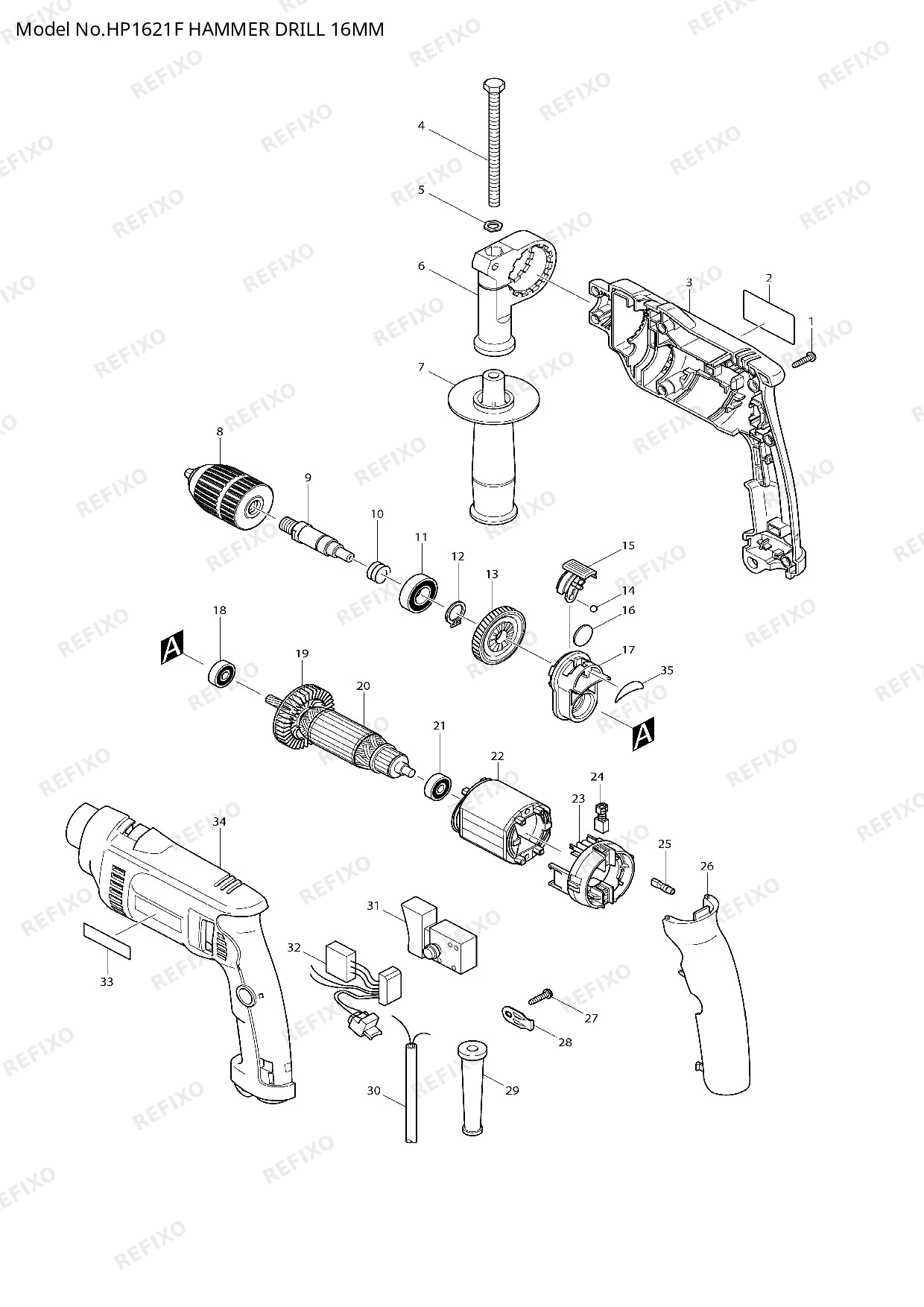 MAKITA HP1621F — схема запчастей