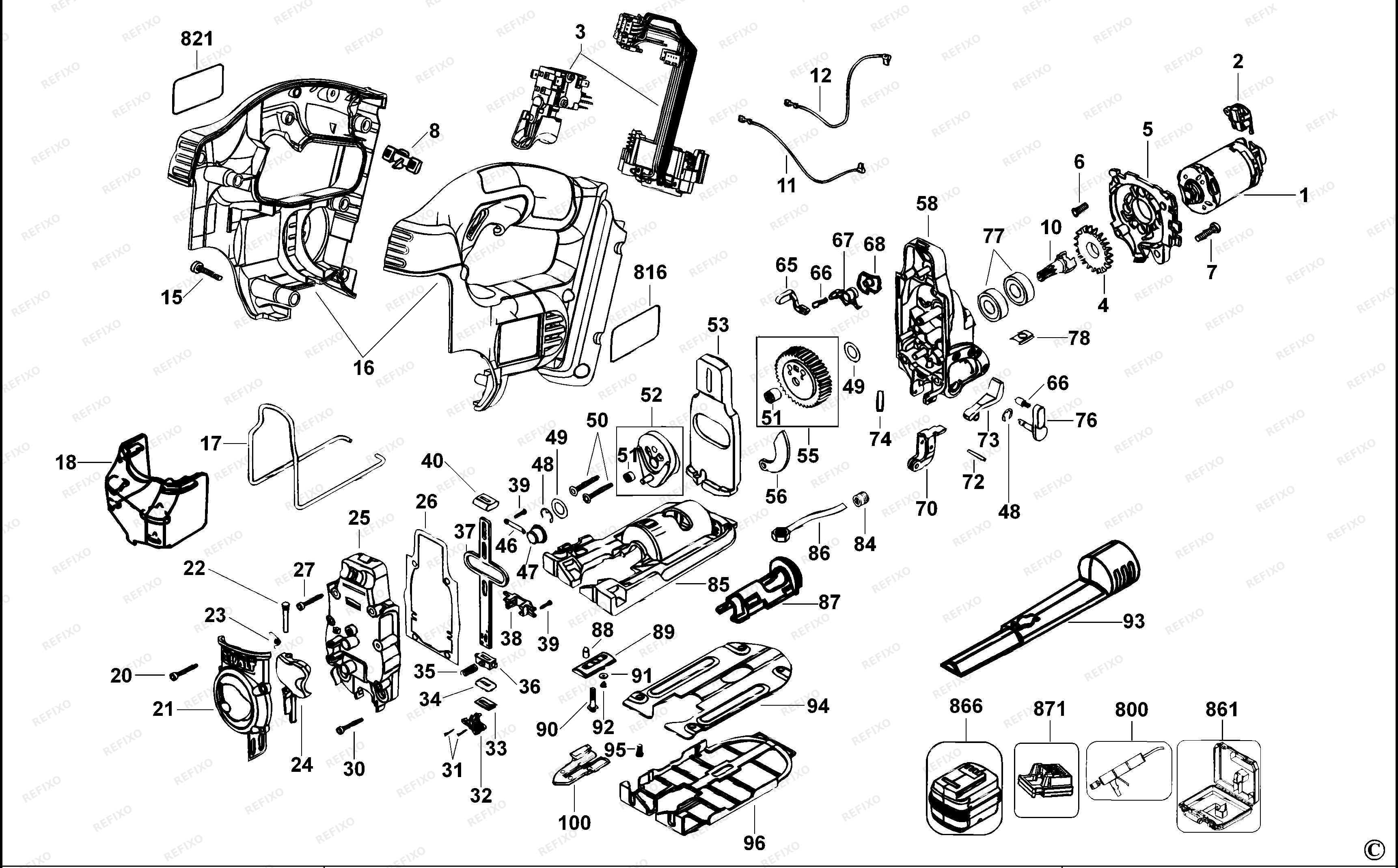 DeWalt АККУМУЛЯТОРНЫЙ ЛОБЗИК DC308K — схема запчастей