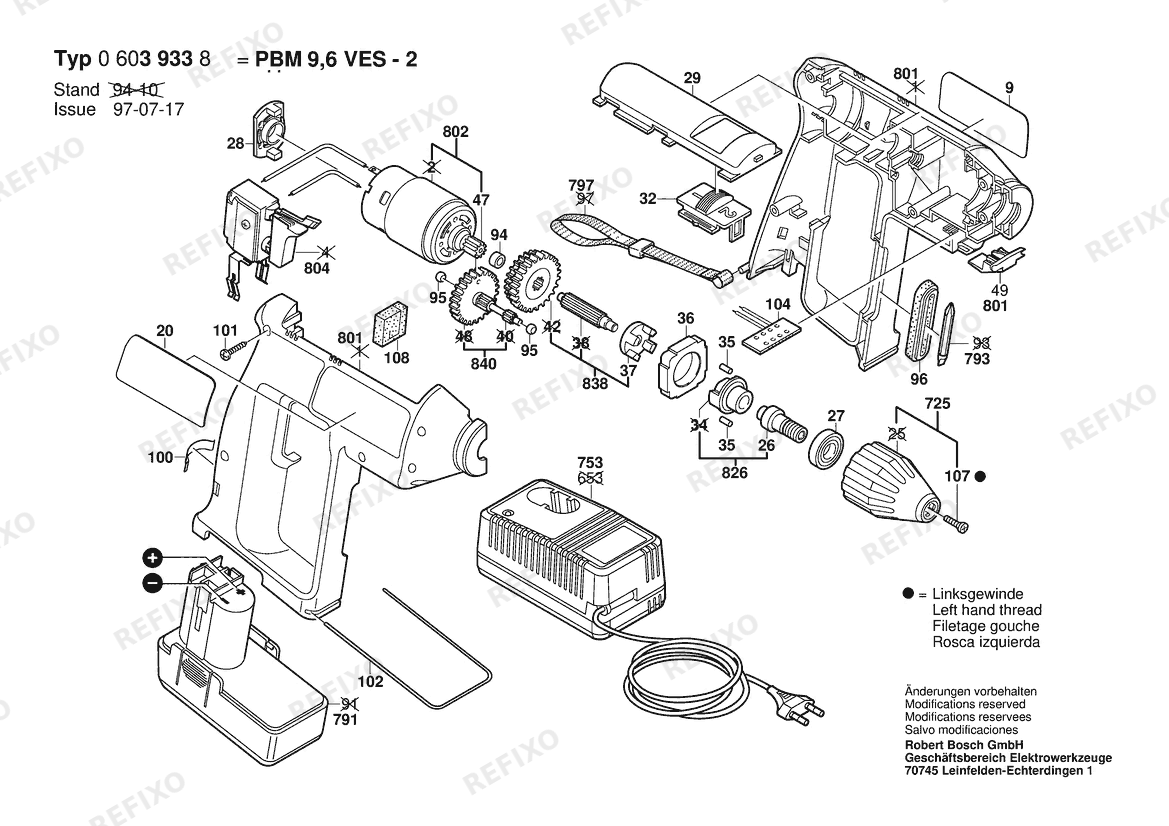 Bosch Аккумуляторный - дрель PBM 9,6 VES-2 | 9.6 V | 001 - EU (0 603 933 803) — схема запчастей