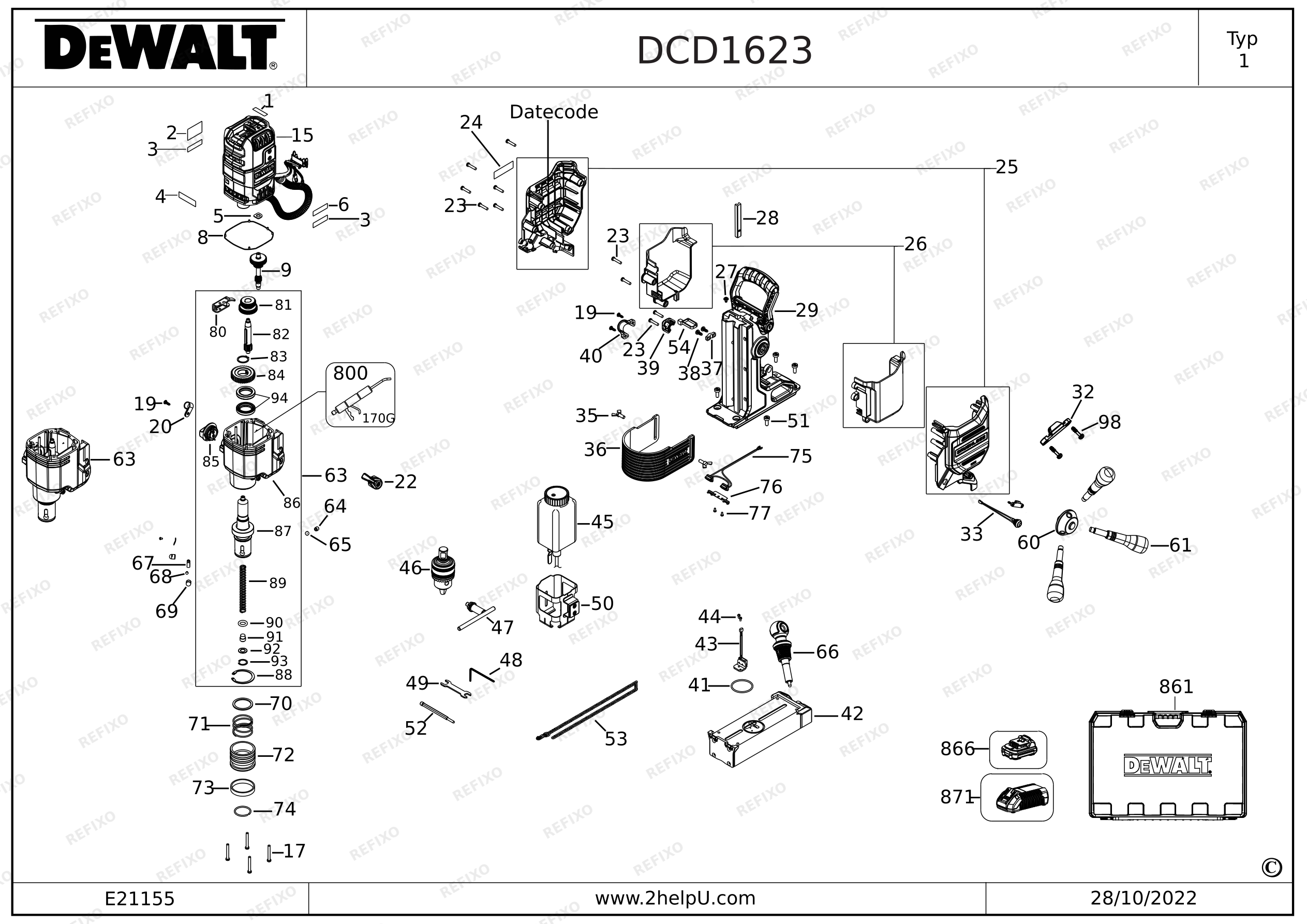 DeWalt СВЕРЛИЛЬНЫЙ СТАНОК НА МАГНИТНОЙ СТОЙКЕ DCD1623X2G — схема запчастей