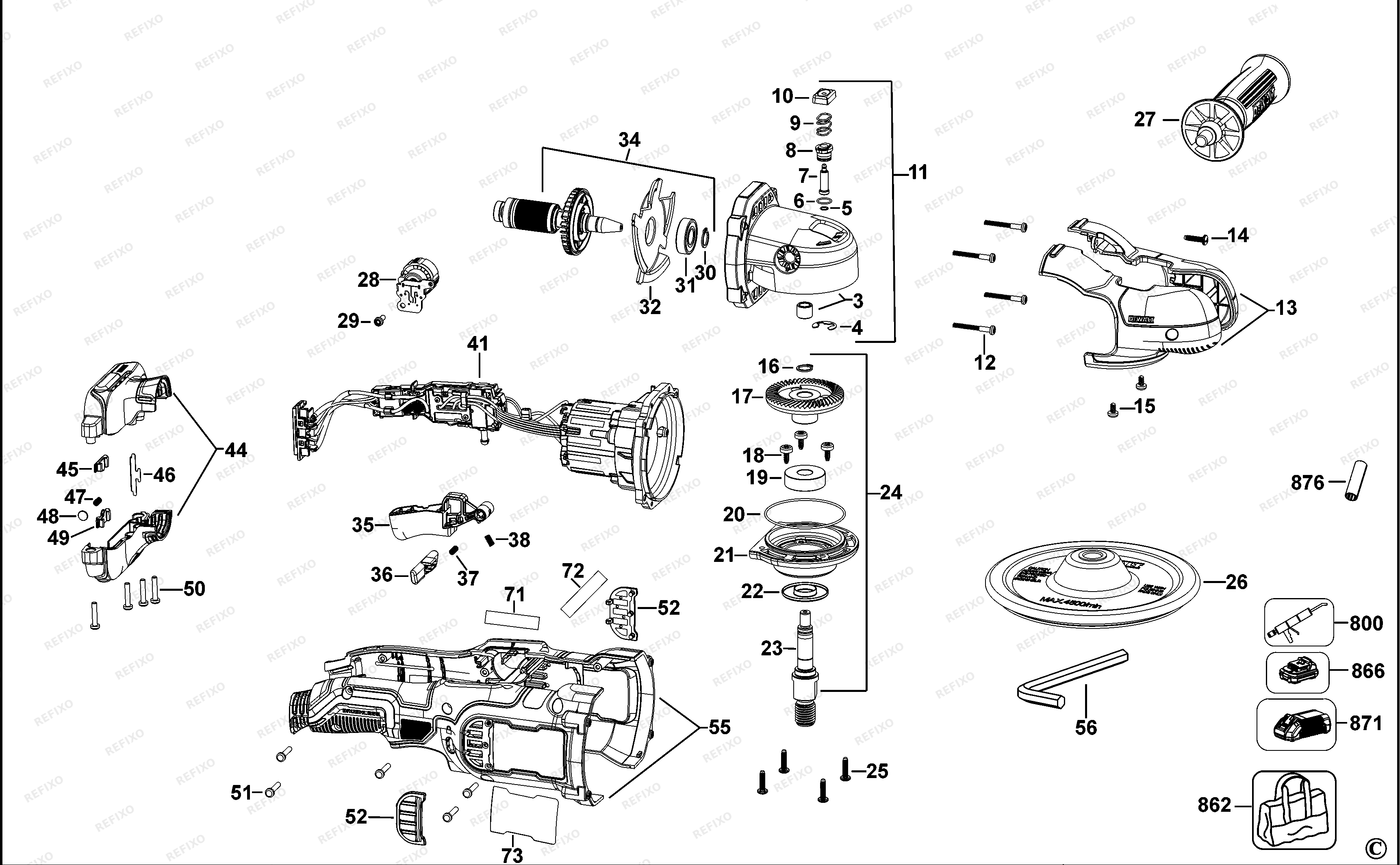 DeWalt ПОЛИРОВАЛЬНЫЙ СТАНОК DCM849 — схема запчастей