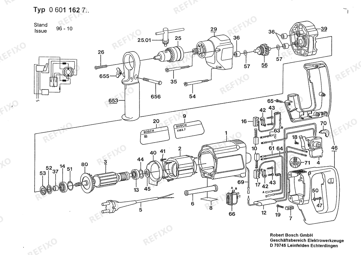 Bosch Дрель VSR | 115 V | 025 - AMS (0 601 162 734) — схема запчастей