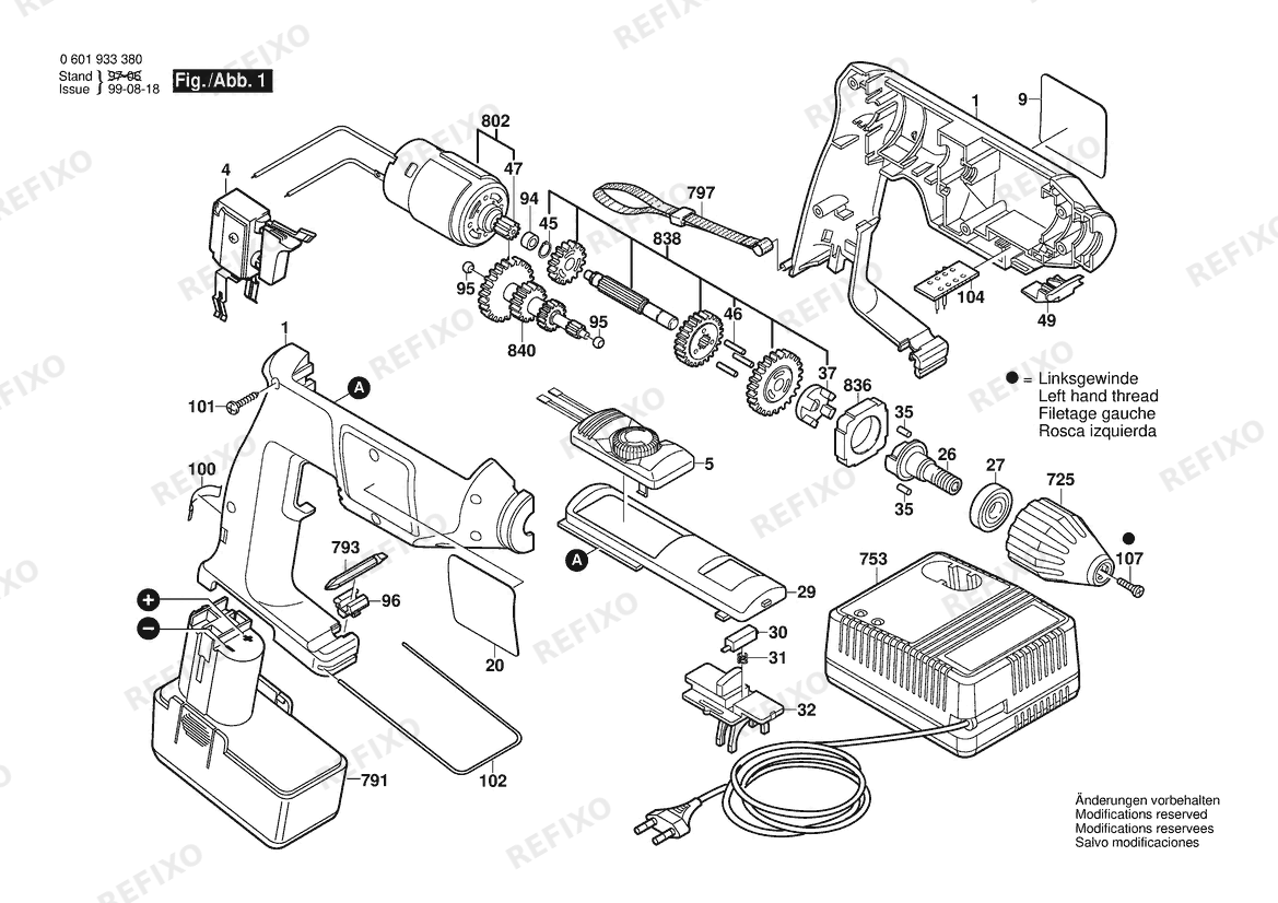 Bosch Gw- аккумуляторный - дрель GBM 9,6 VSP-3 | 9.6 V | 001 - EU (0 601 933 380) — схема запчастей