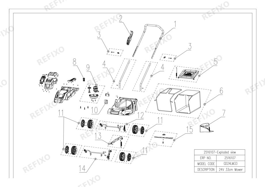 Greenworks 2516107-Exploded wiew-GD24LM33 ДАТА ПРОИЗВОДСТВА до 01-01-2026 — схема запчастей