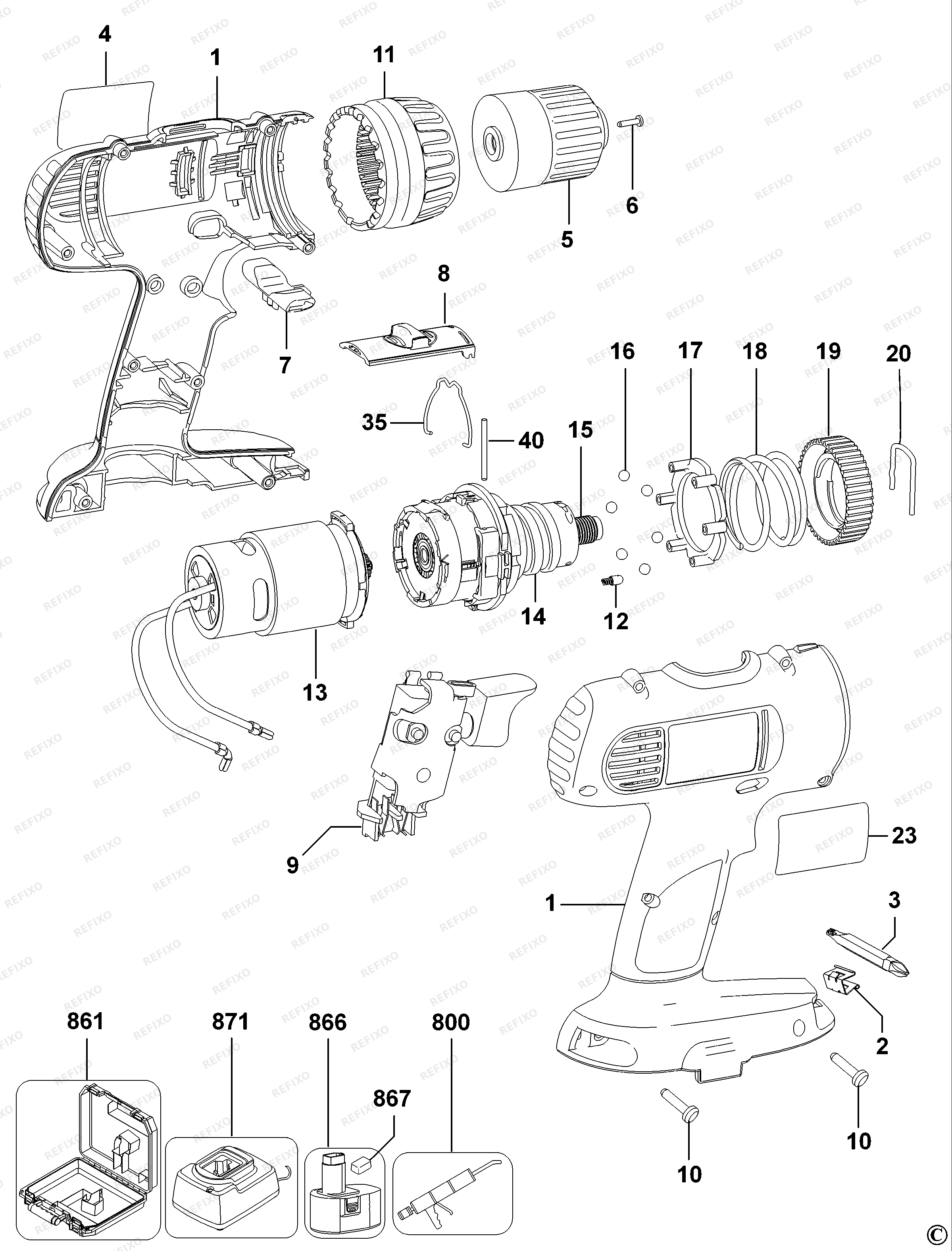 DeWalt АККУМУЛЯТОРНАЯ ДРЕЛЬ DC756 — схема запчастей
