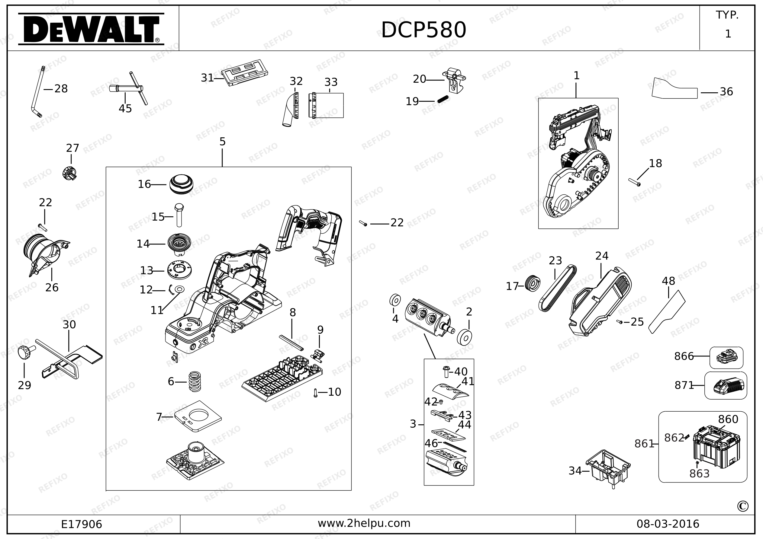 DeWalt РУБАНОК DCP580 — схема запчастей
