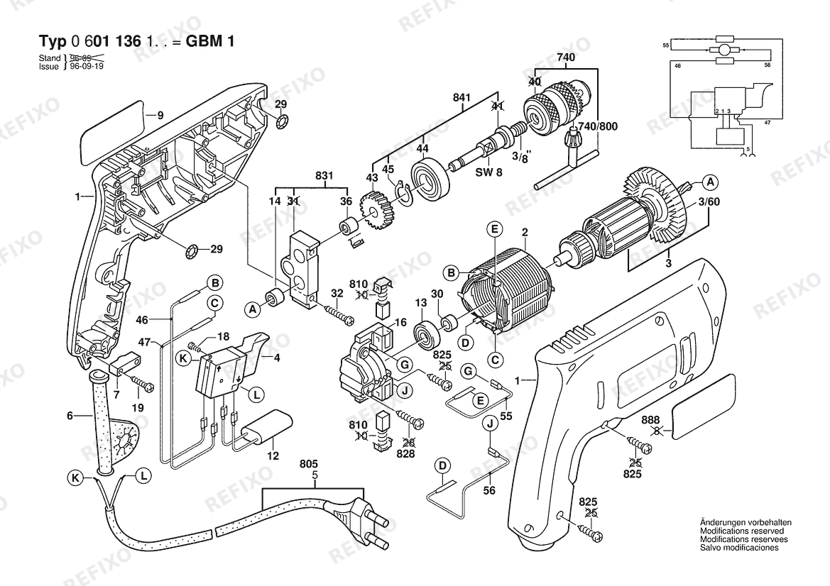Bosch Дрель GBM 1 SSBF | 220 V | 011 - KR (0 601 136 140) — схема запчастей