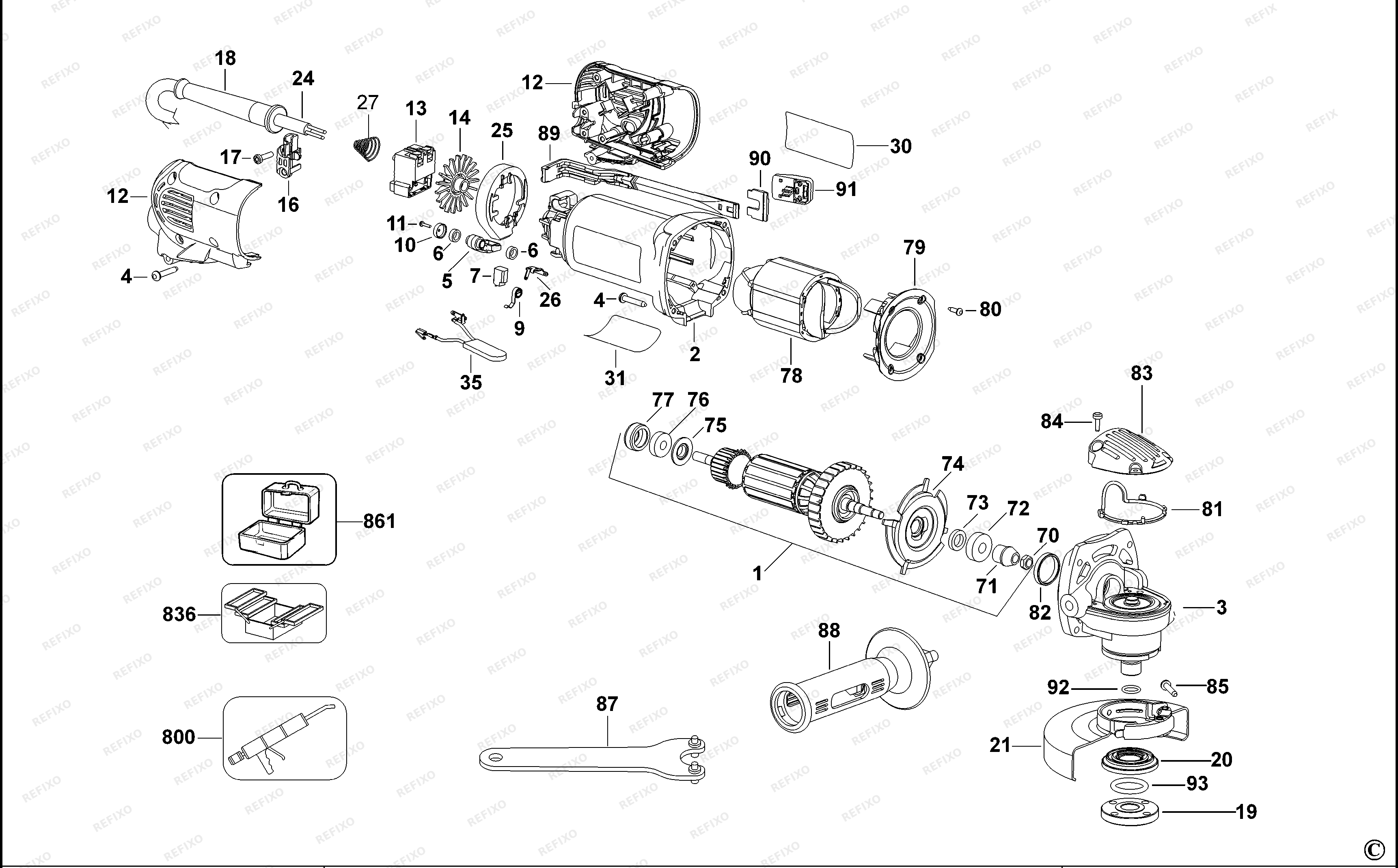 DeWalt МАЛЕНЬКАЯ УГЛОВАЯ ШЛИФМАШИНКА D28113 — схема запчастей