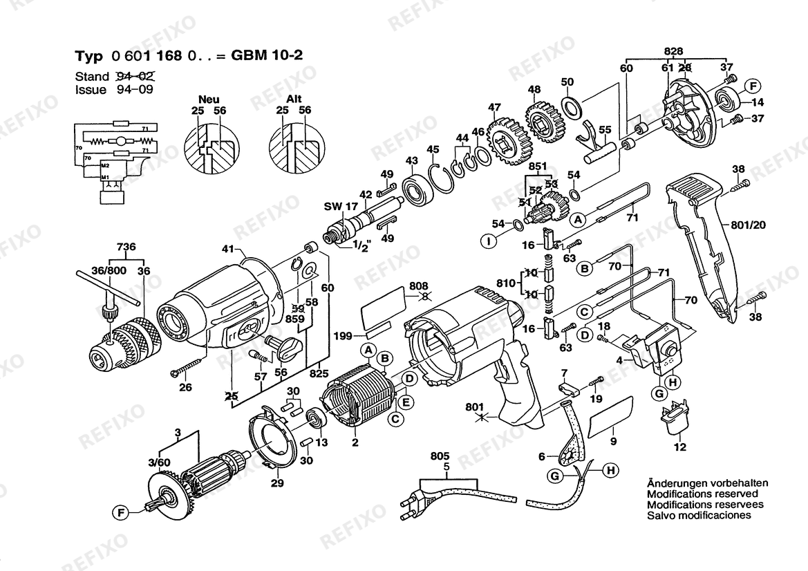 Bosch Дрель GBM 10-2 | 230 V | 001 - EU (0 601 168 003) — схема запчастей