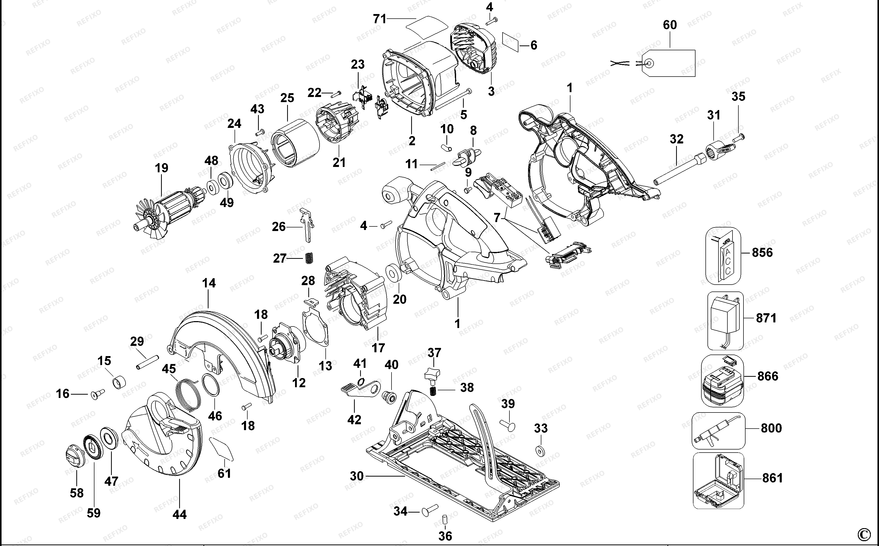 DeWalt АККУМУЛЯТОРНАЯ ДИСКОВАЯ ПИЛА DC300K — схема запчастей