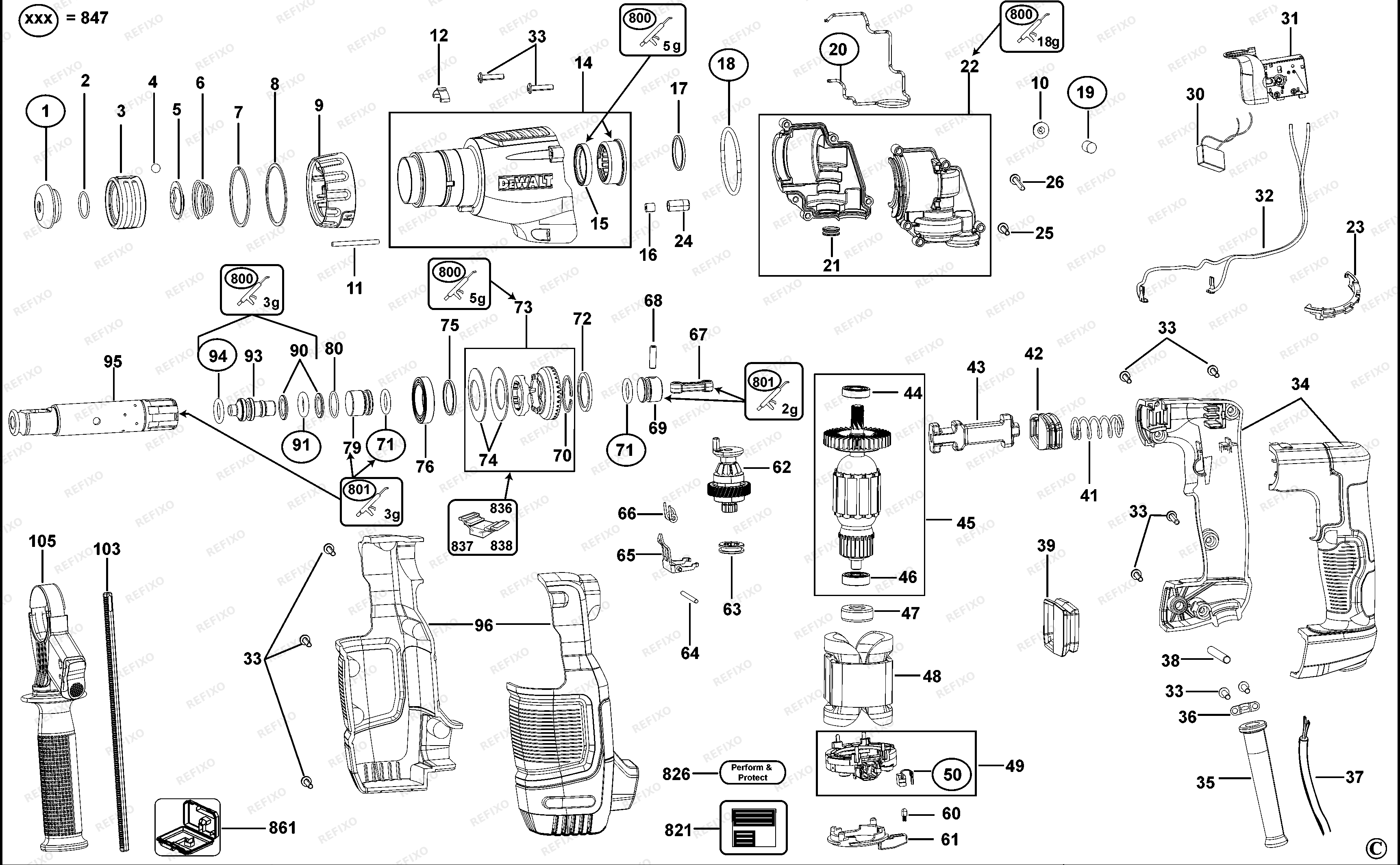DeWalt КОМБИНИРОВАННЫЙ ПЕРФОРАТОР D25052K — схема запчастей