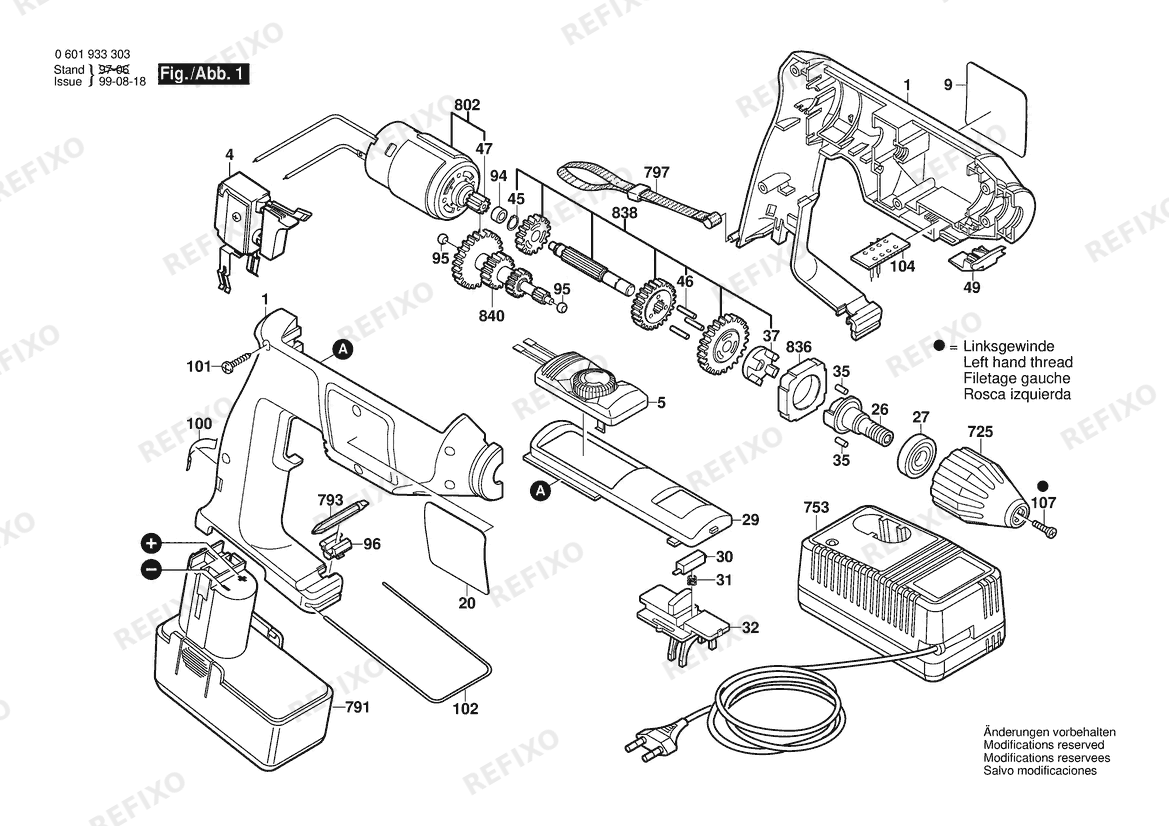 Bosch Gw- аккумуляторный - дрель GBM 9,6 VSP-3 | 9.6 V | 061 - US (0 601 933 334) — схема запчастей