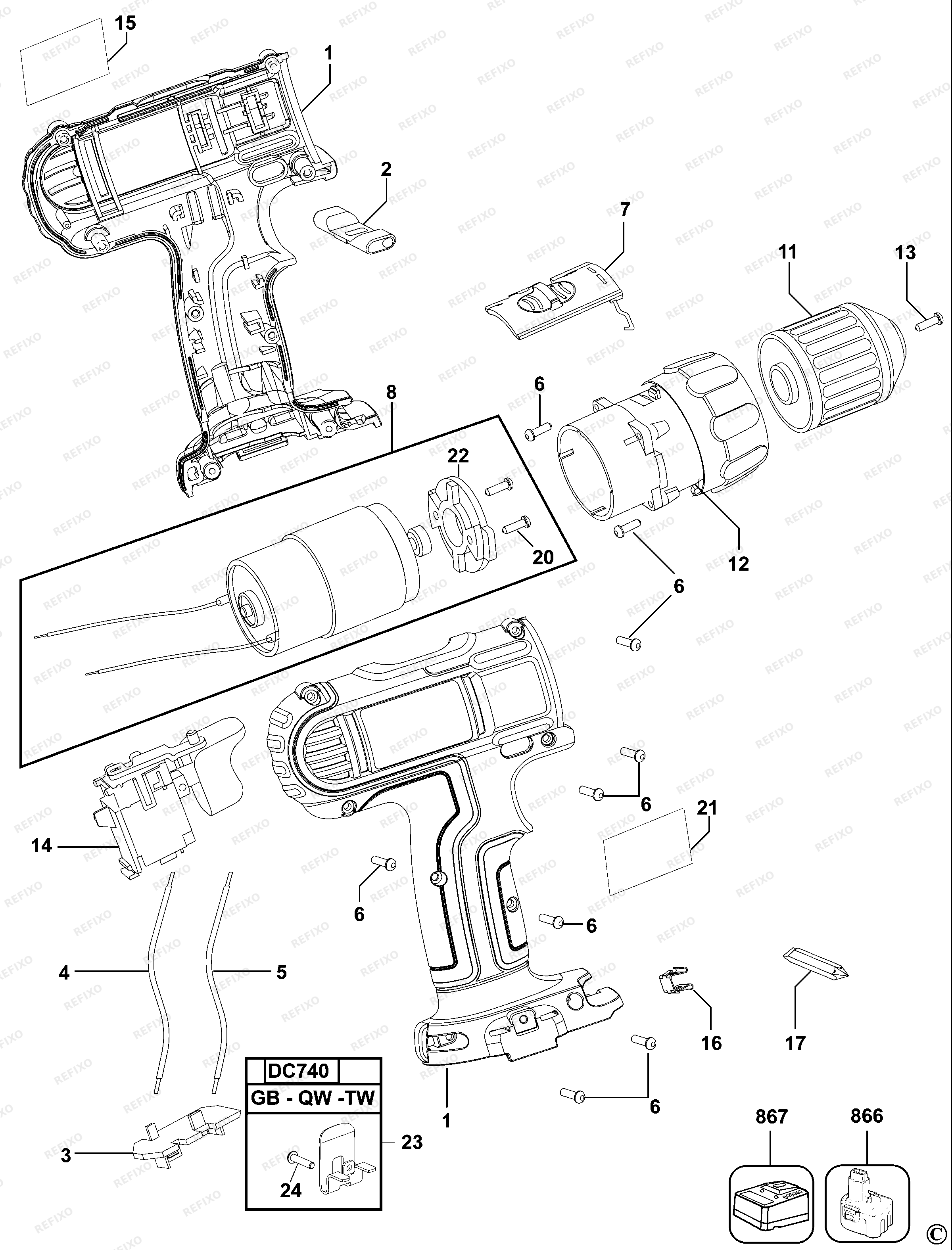 DeWalt АККУМУЛЯТОРНАЯ ДРЕЛЬ / ШУРУПОВЁРТ DC733C — схема запчастей