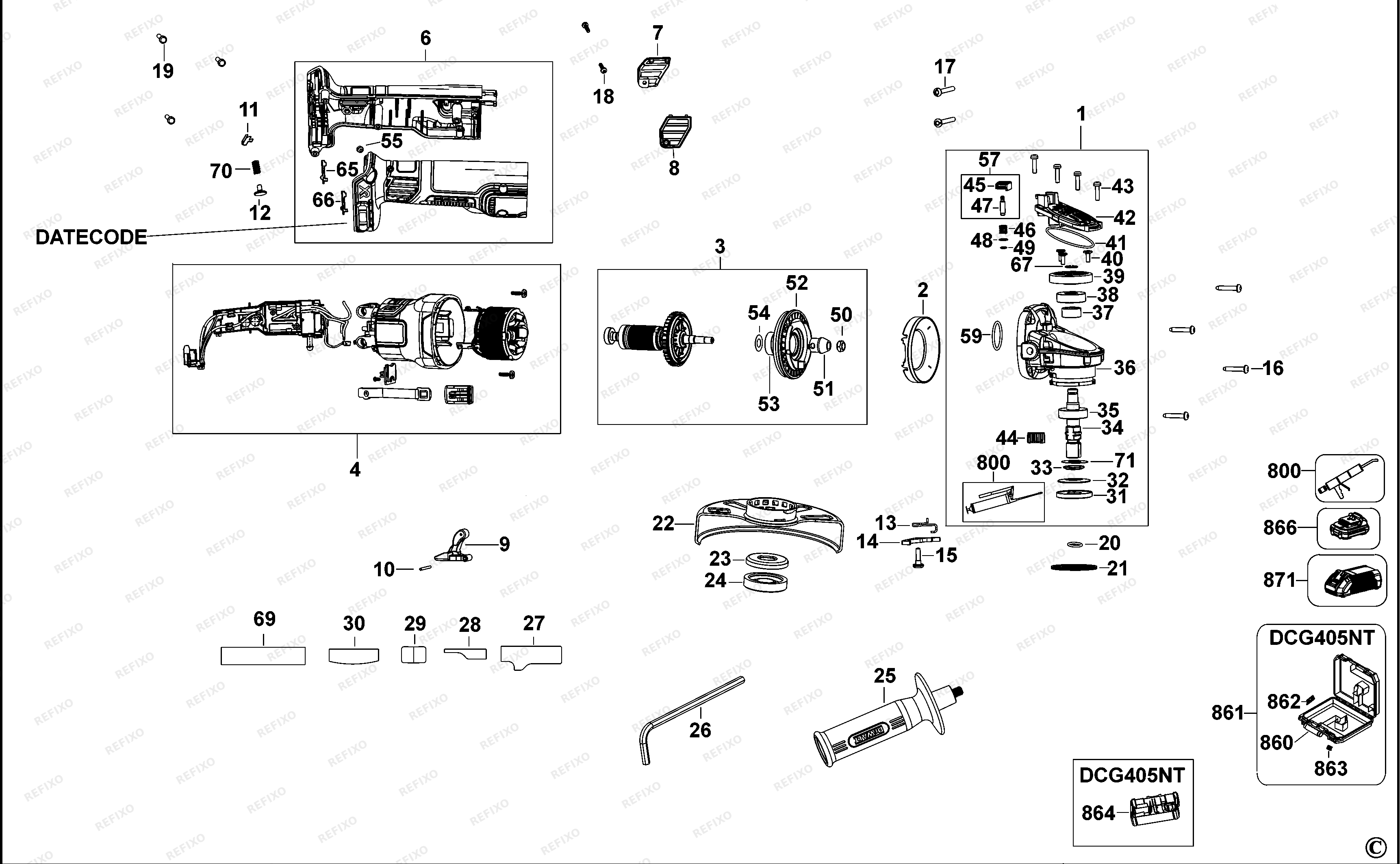 DeWalt МАЛЕНЬКАЯ УГЛОВАЯ ШЛИФМАШИНКА DCG405 — схема запчастей