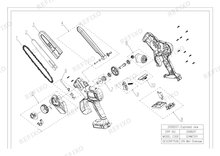 Greenworks 2008207-G24MCS10-Exploded wiew — схема запчастей